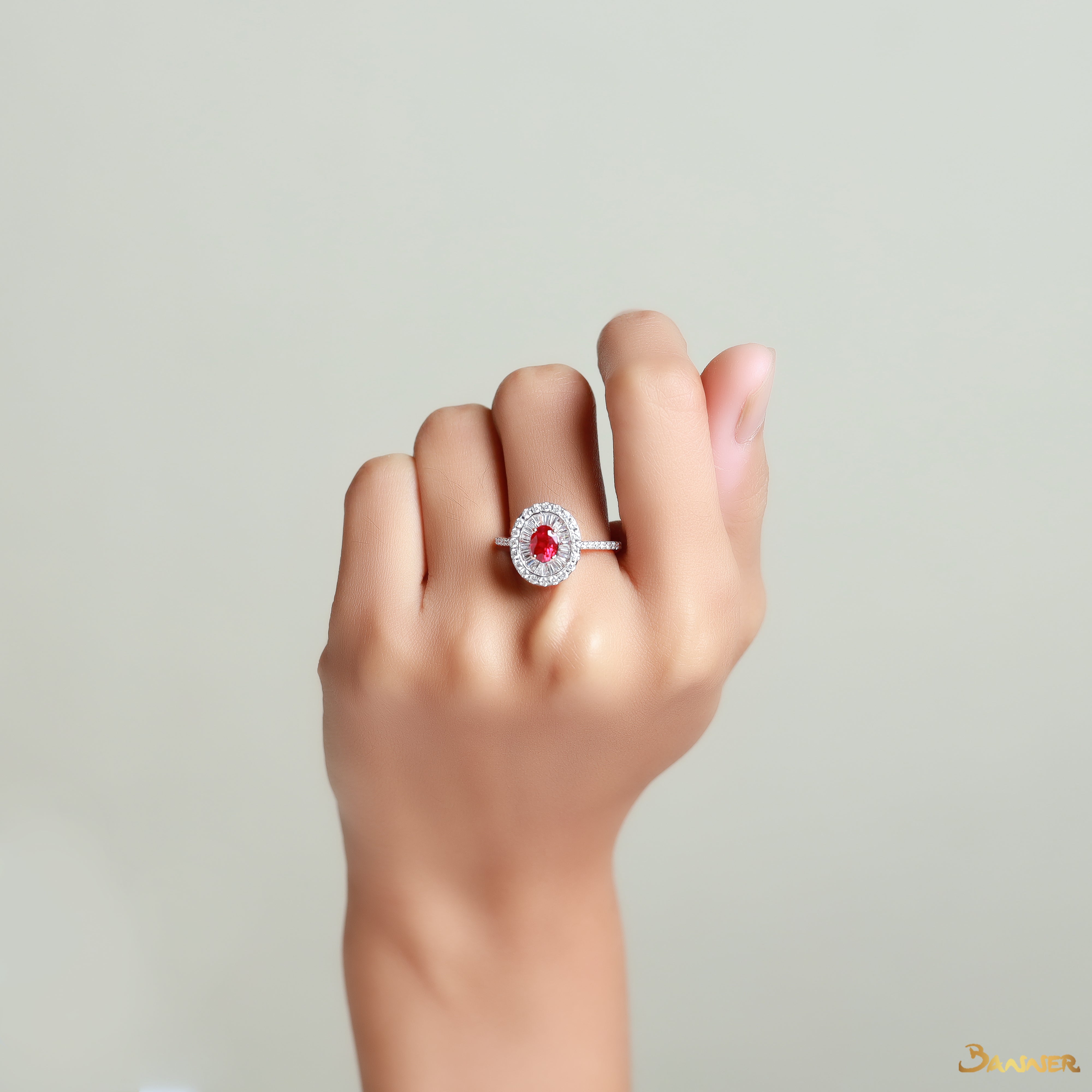 Ruby and  Baguette Diamond Double Halo Ring