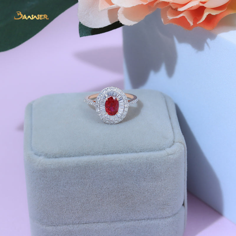 Ruby and  Baguette Diamond Double Halo Ring