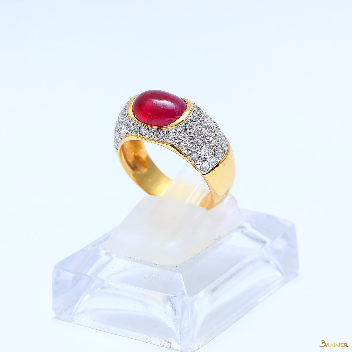 Natural Ruby Cabochon and Diamond Ring