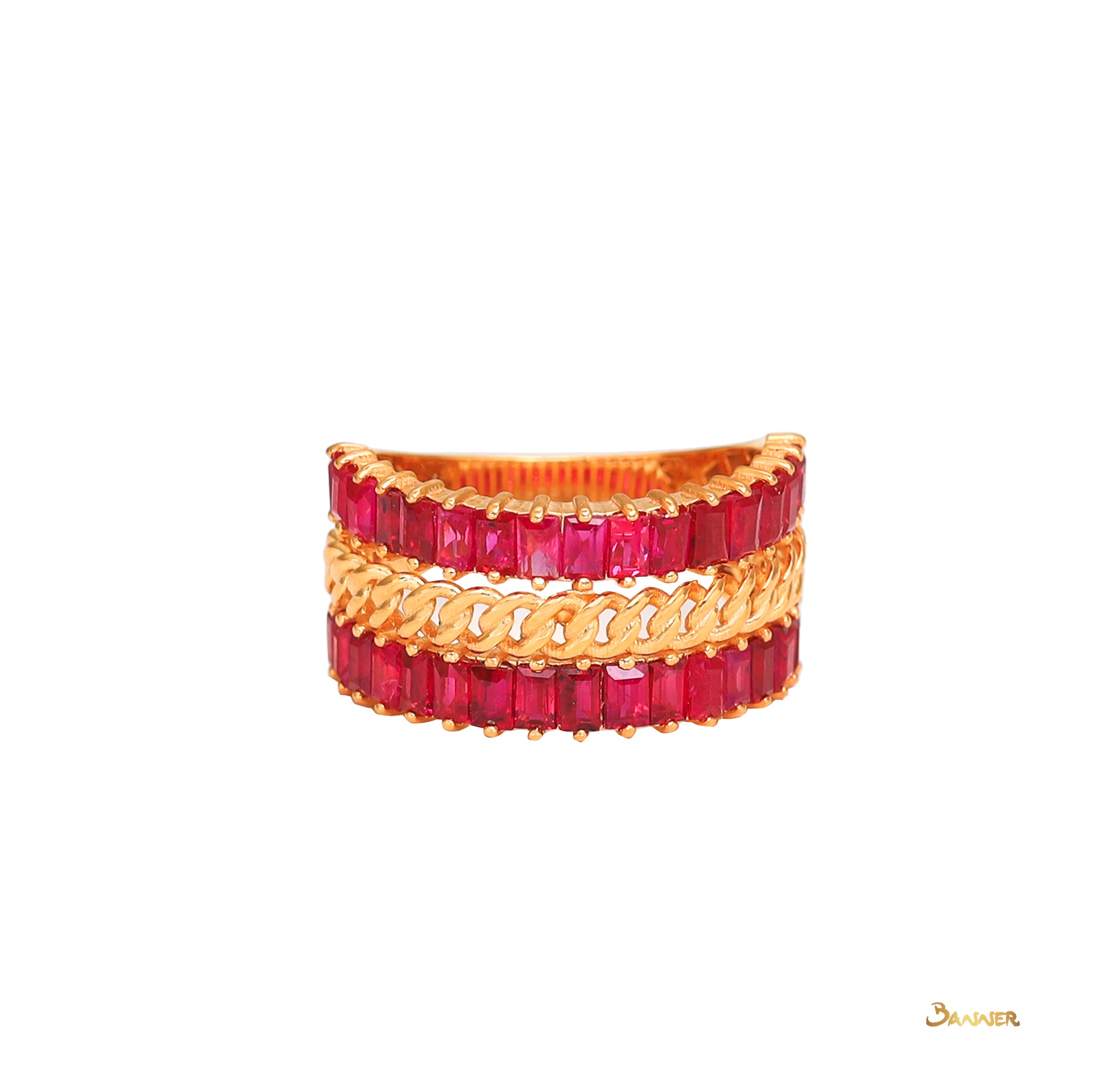 Emerald-cut Ruby 2-Rows Ring