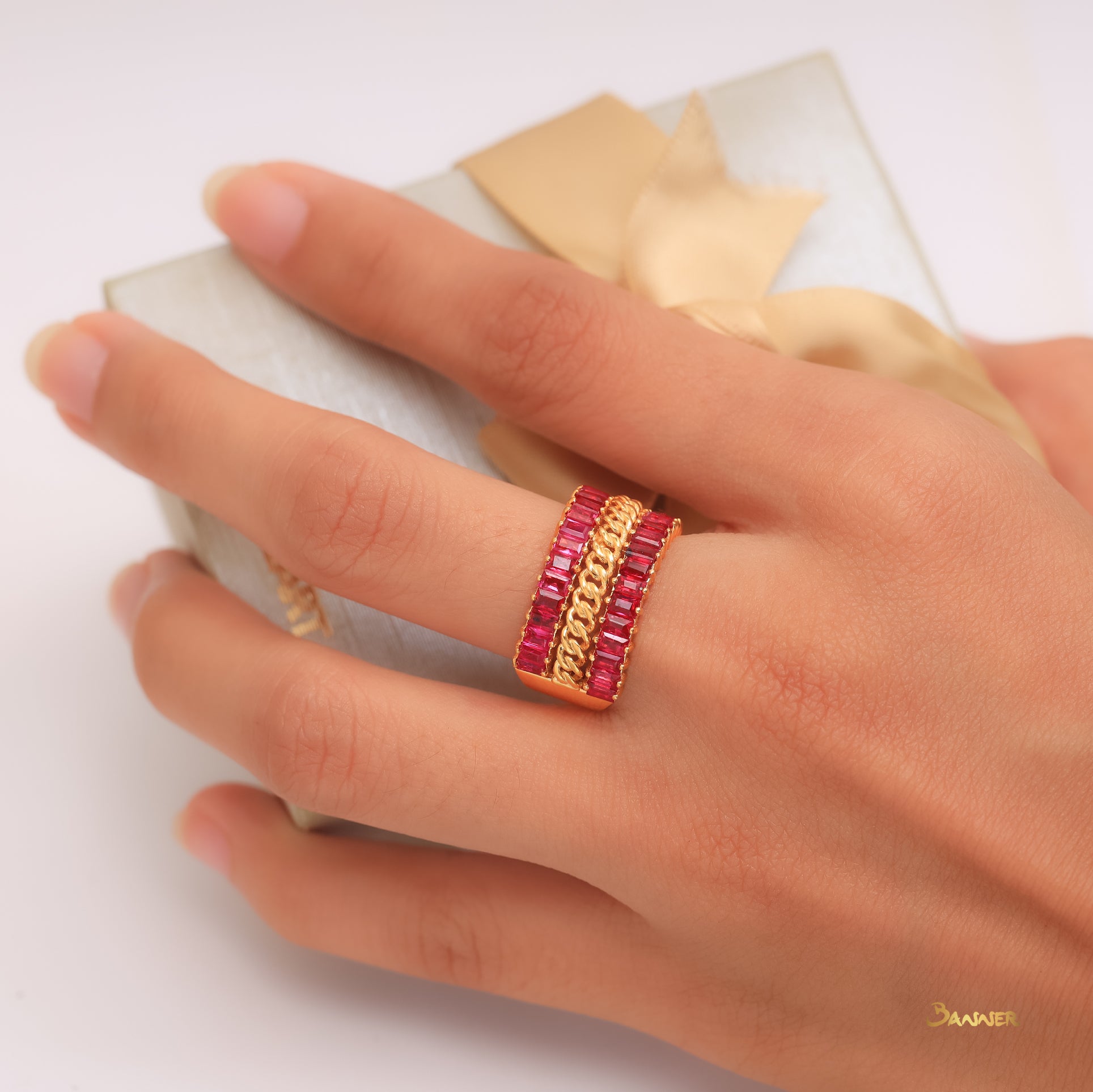 Emerald-cut Ruby 2-Rows Ring