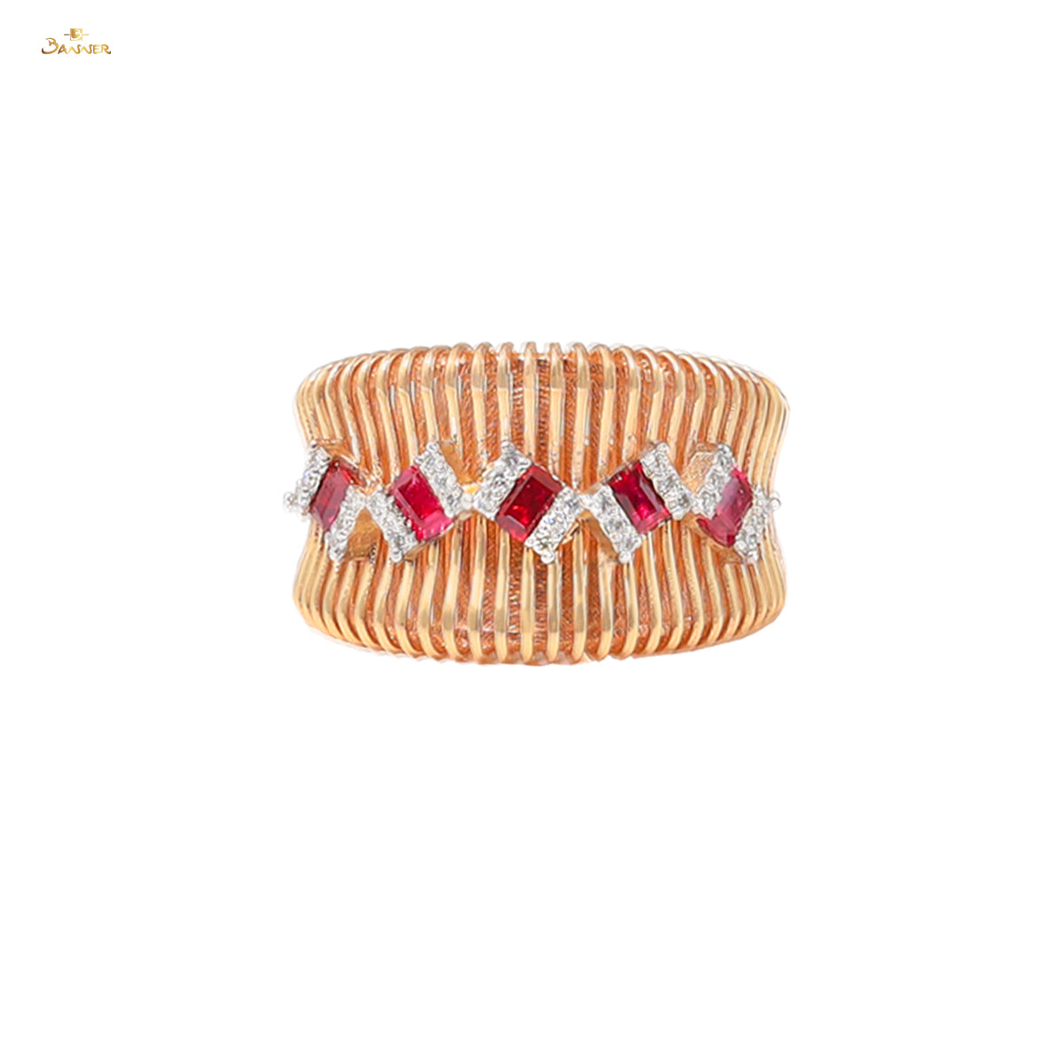 Emerald-cut Ruby and Diamond Crul Design Rose Gold Ring