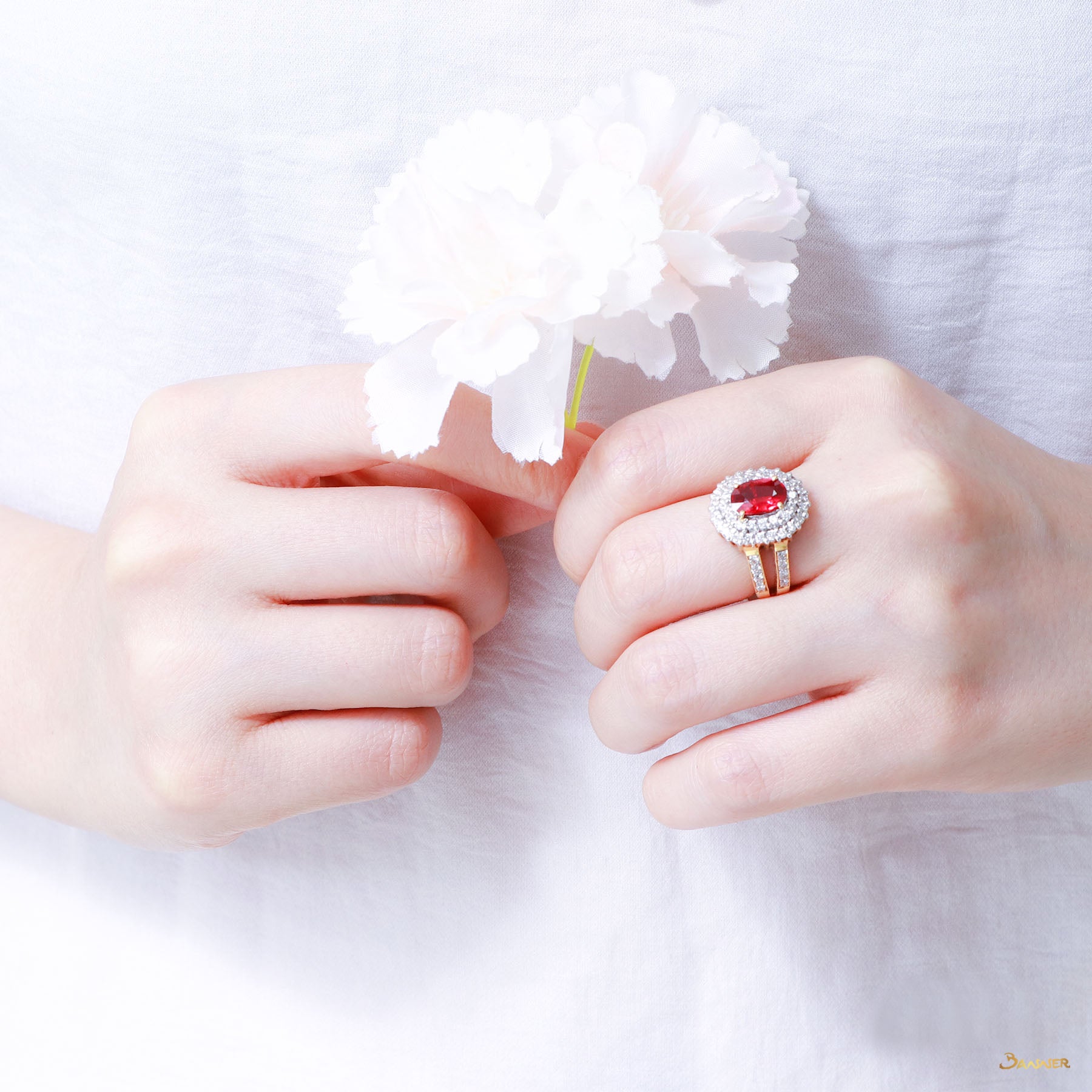 Ruby and Diamond Double Halo Ring