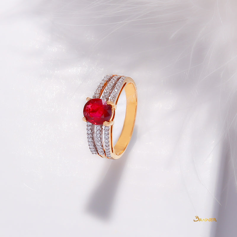 Ruby With Diamond 3 Rows Ring