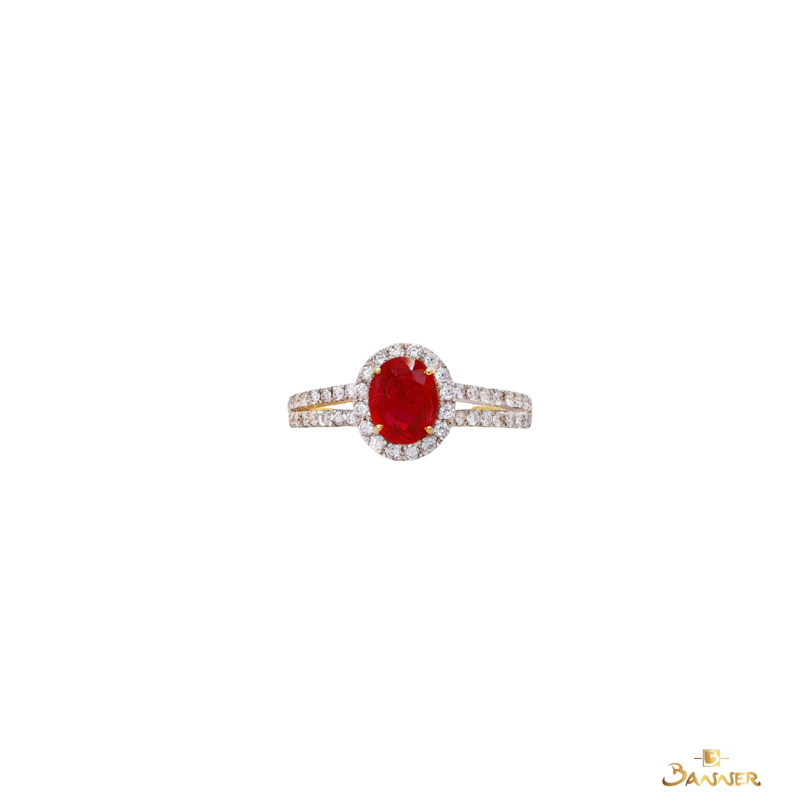 Natural Mogok Ruby and Diamond Halo Split-Shank Ring