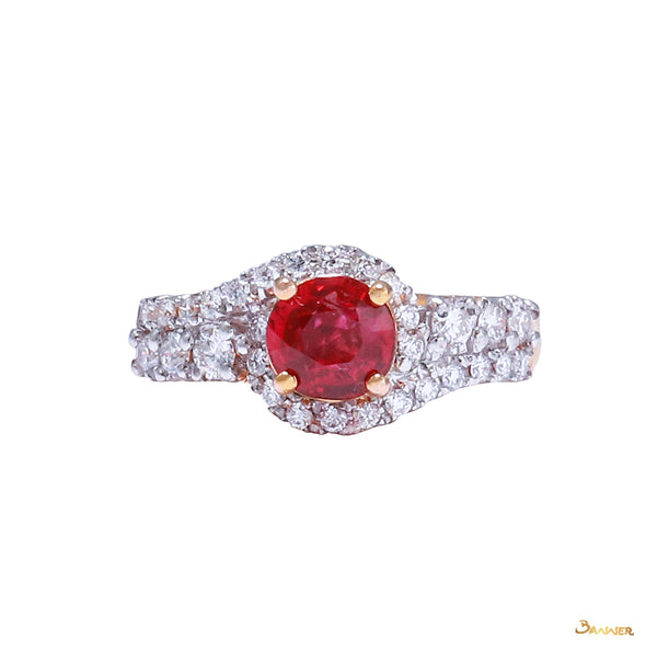 Natural Ruby and Diamond Bypass Halo Ring