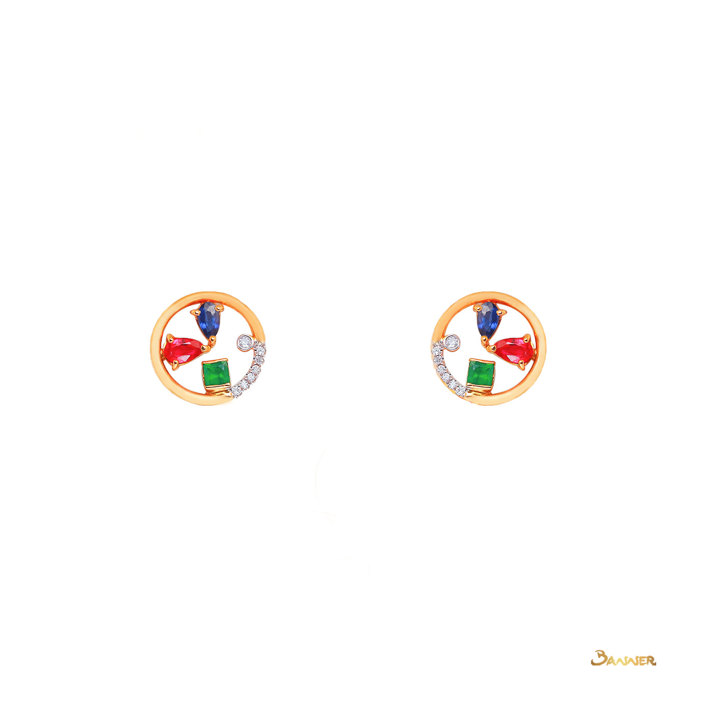 Ruby , Sapphire , Emerald and Diamond Circle Earrings