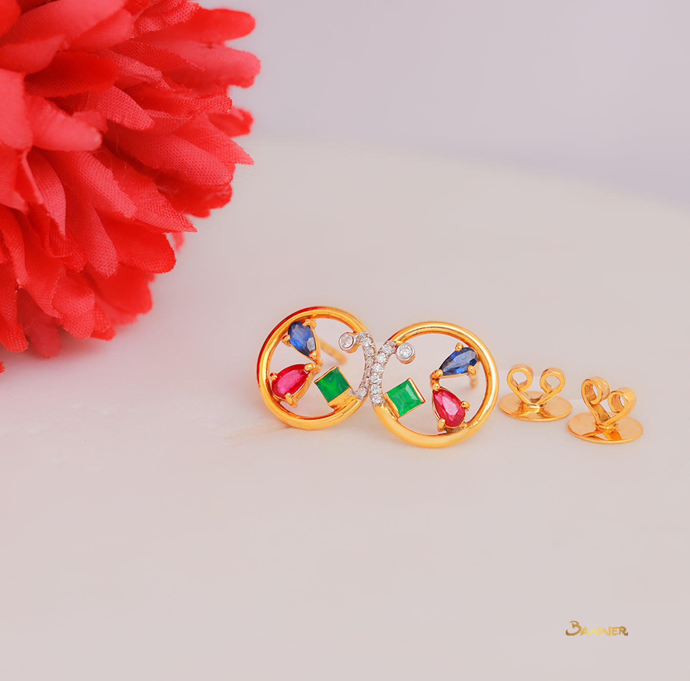 Ruby , Sapphire , Emerald and Diamond Circle Earrings