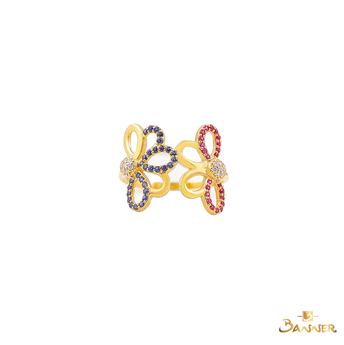 Ruby, Sapphire and Diamond Floral Ring