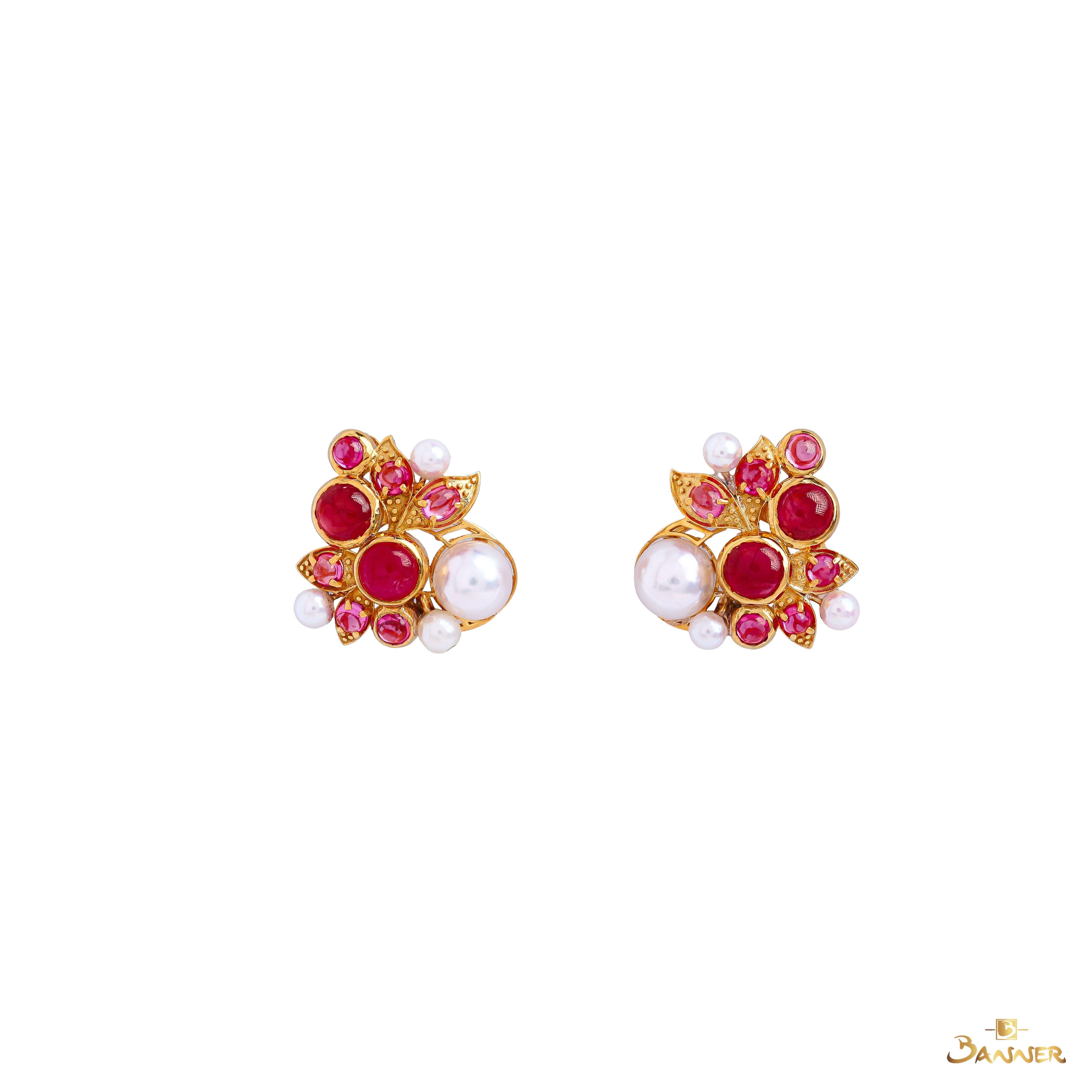 Ruby Cabochon and Pearl  Hydrangea Earrings