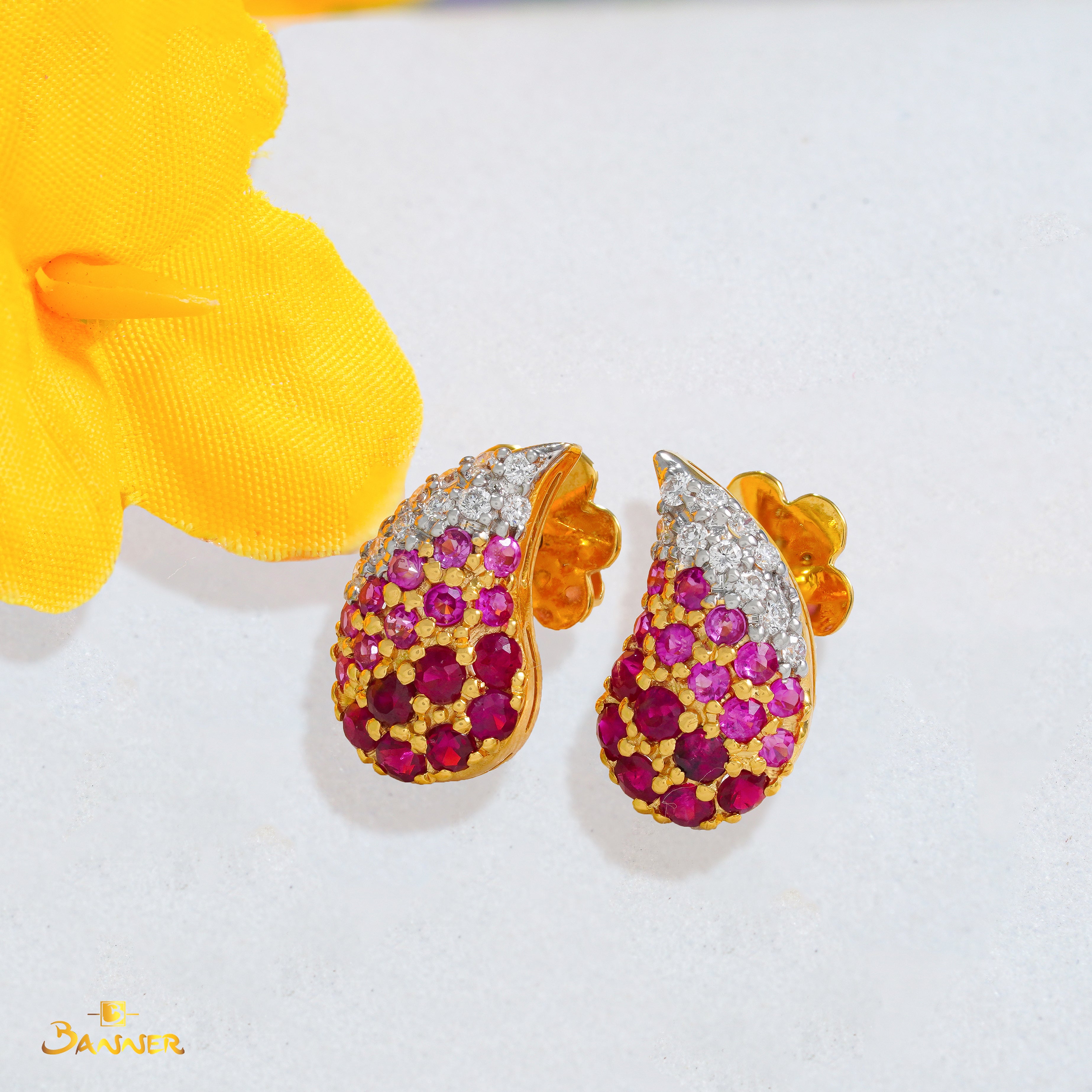 Ruby,Pink Sapphire and Diamond Drop Earrings