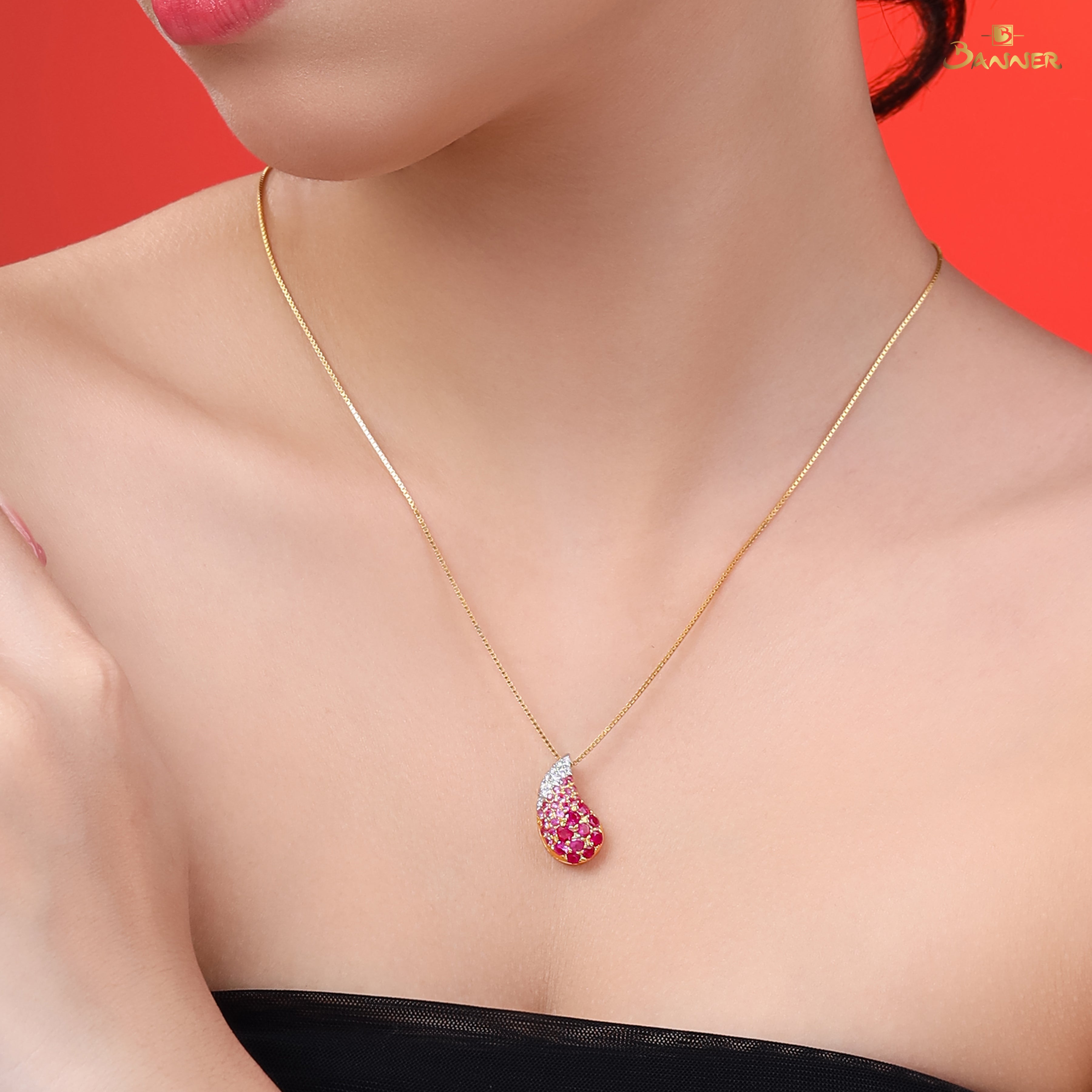 Ruby,Pink Sapphire and Diamond Drop Pendant