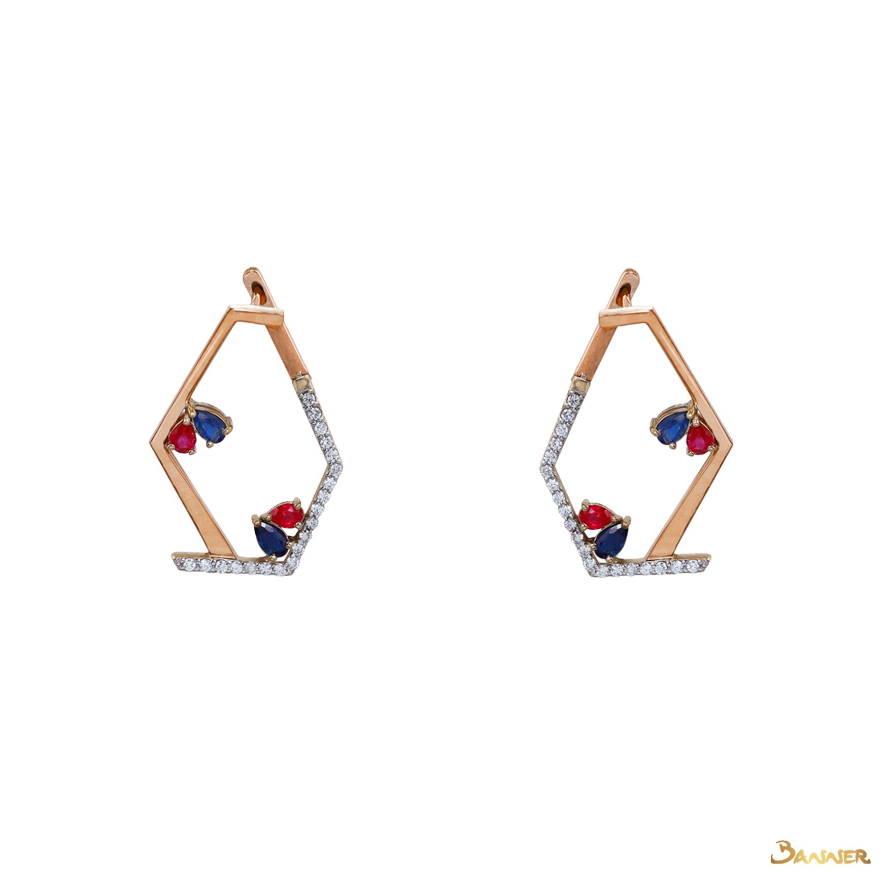 Ruby , Sapphire and Diamond Hexagon Huggie Earrings