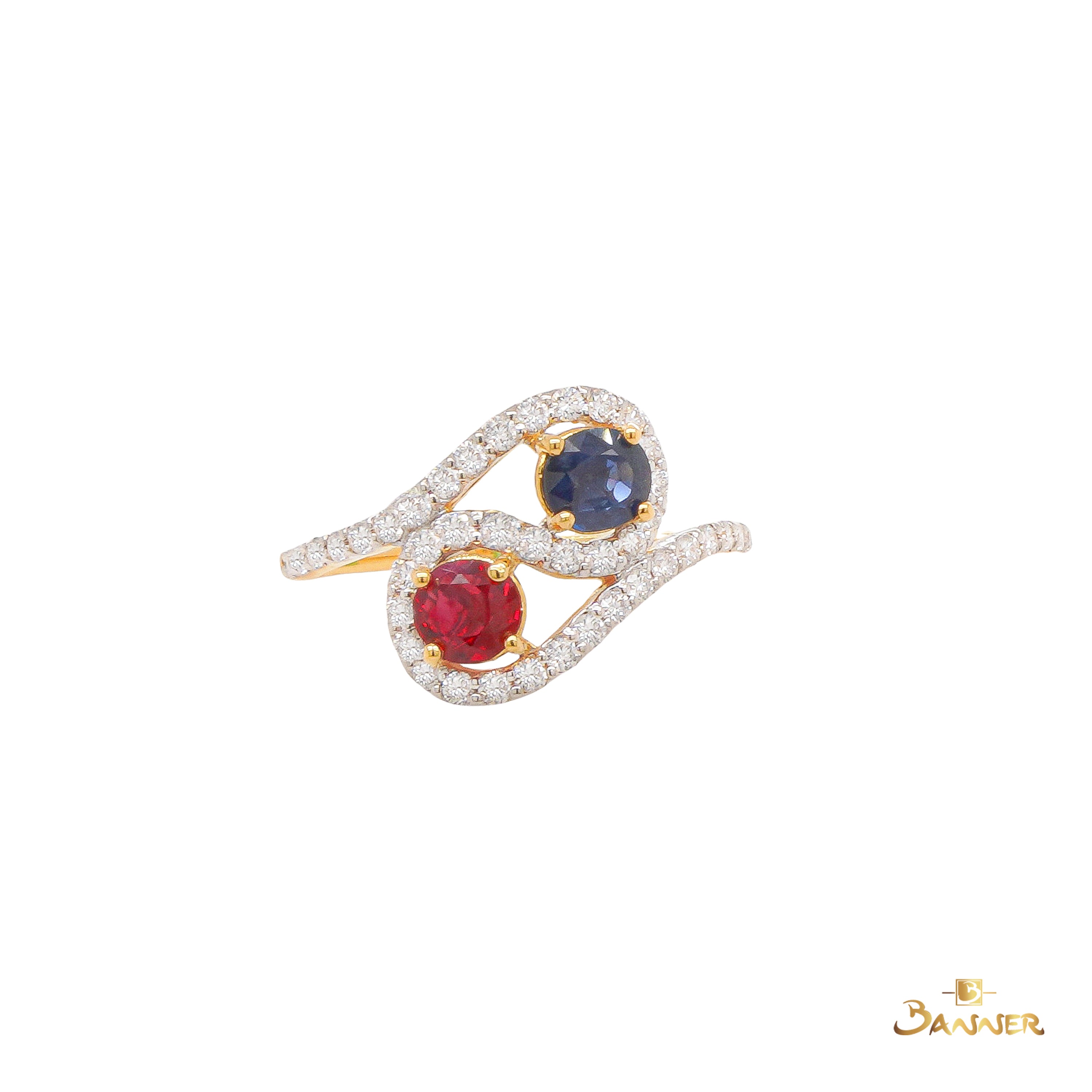 Ruby , Sapphire and Diamond Halo Bypass Ring