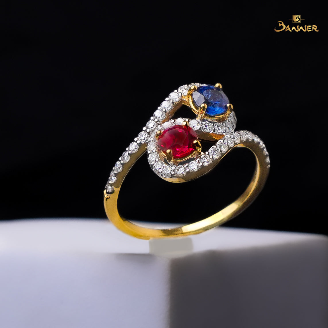 Ruby , Sapphire and Diamond Halo Bypass Ring