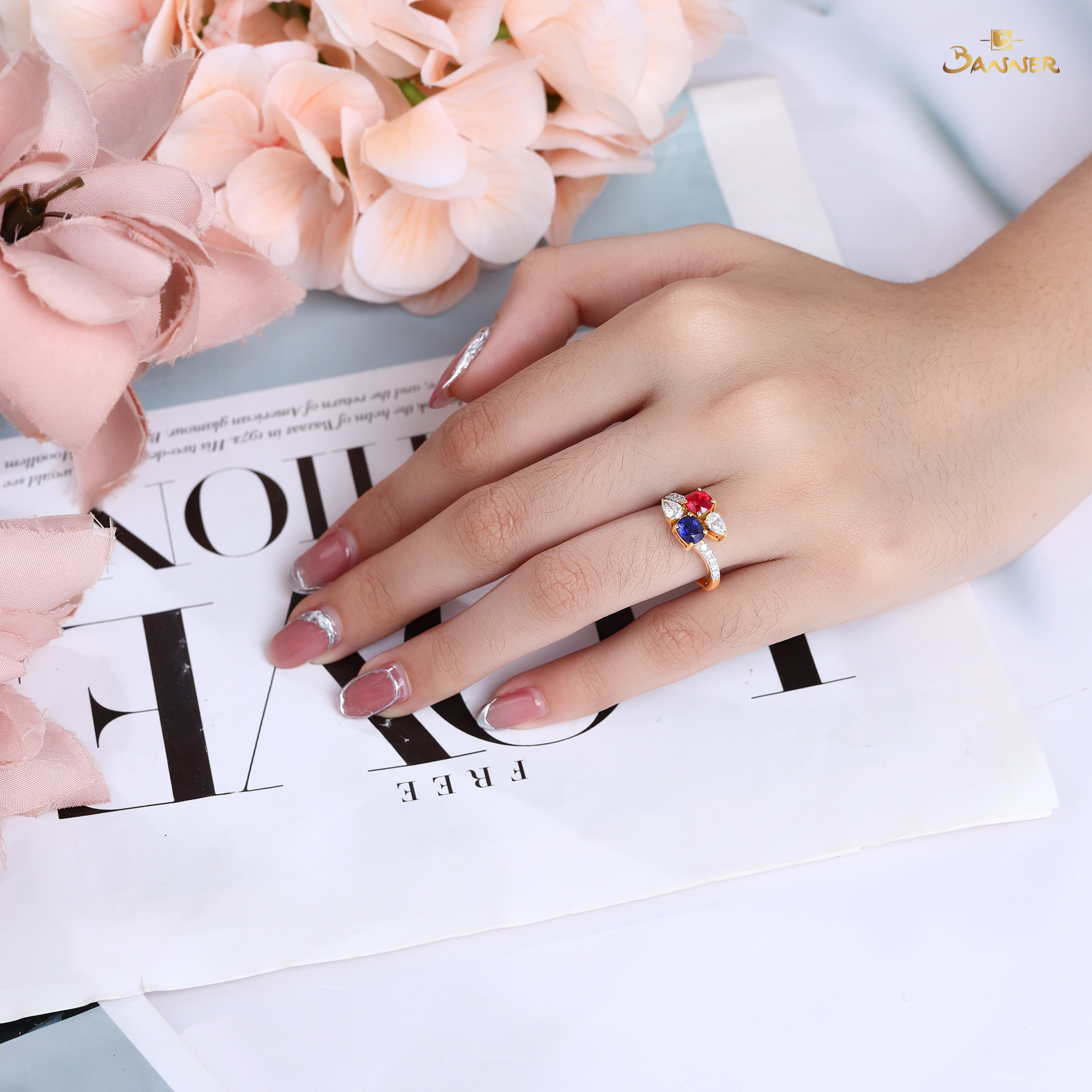 Ruby , Sapphire and Diamond Toi - Et - Moi Ring