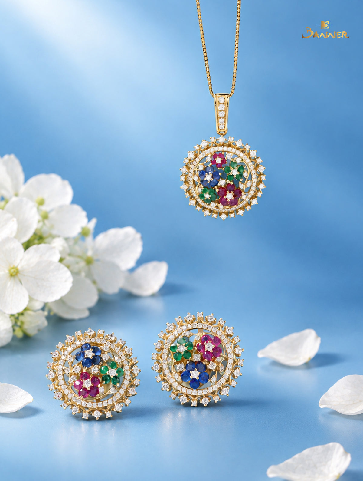 Ruby,Sapphire,Emerald and Diamond Family Garden Earrings