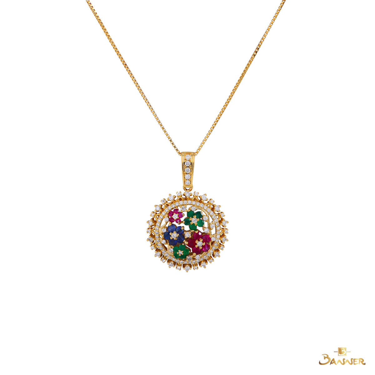 Ruby,Sapphire,Emerald and Diamond Dandelion Pendant