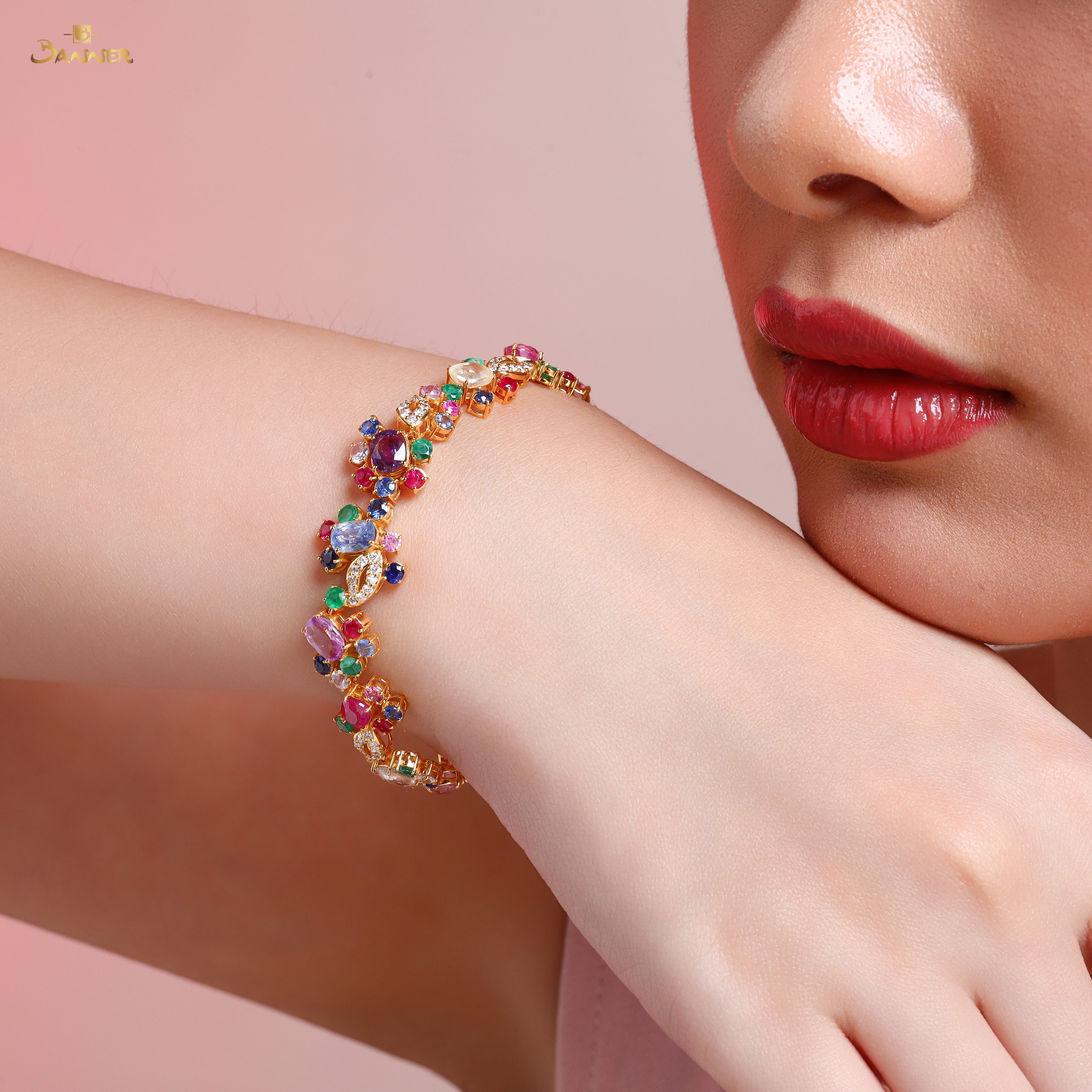 Ruby,Sapphire,Emerald,Multi-colored Sapphire and Diamond Floral Vine Bracelet