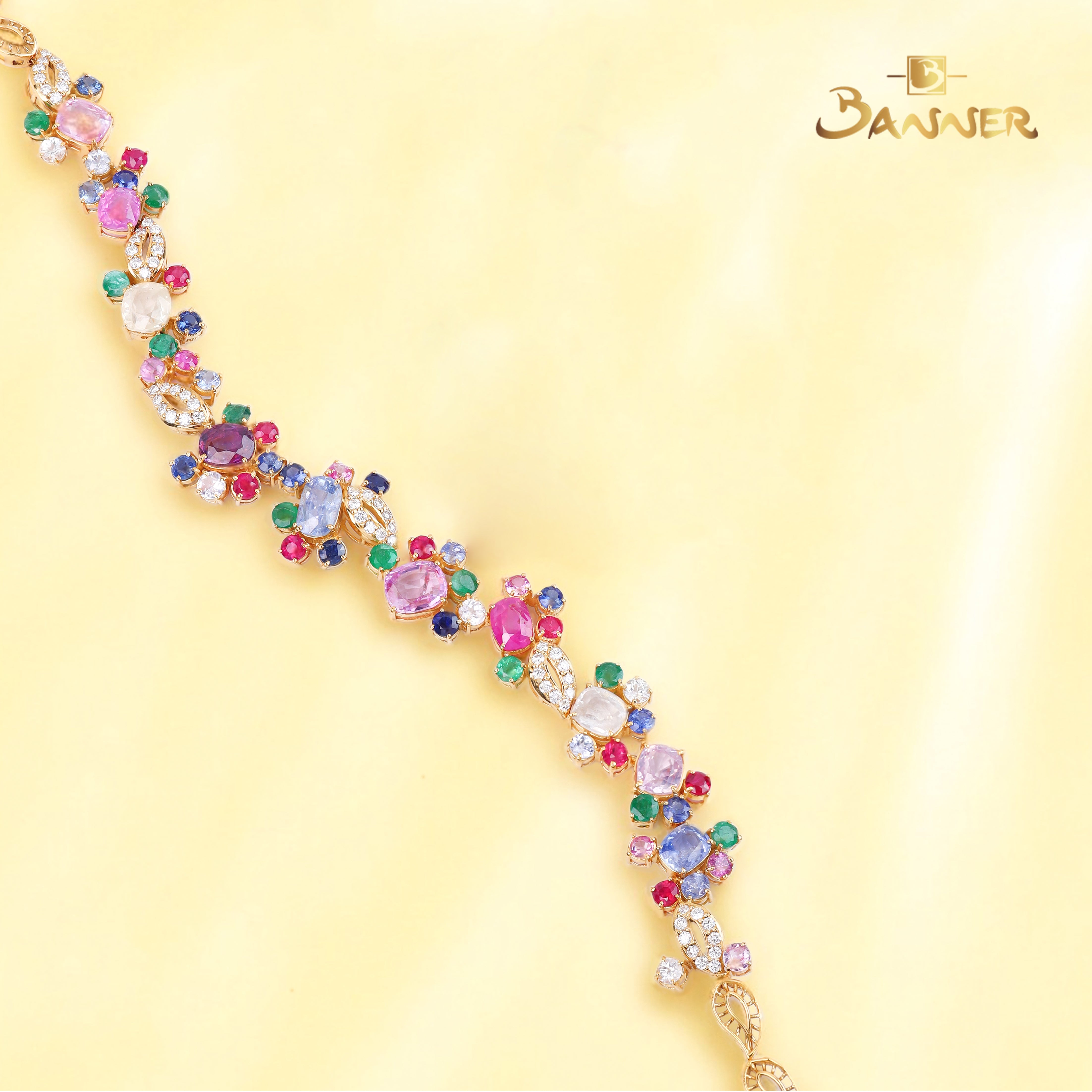 Ruby,Sapphire,Emerald,Multi-colored Sapphire and Diamond Floral Vine Bracelet