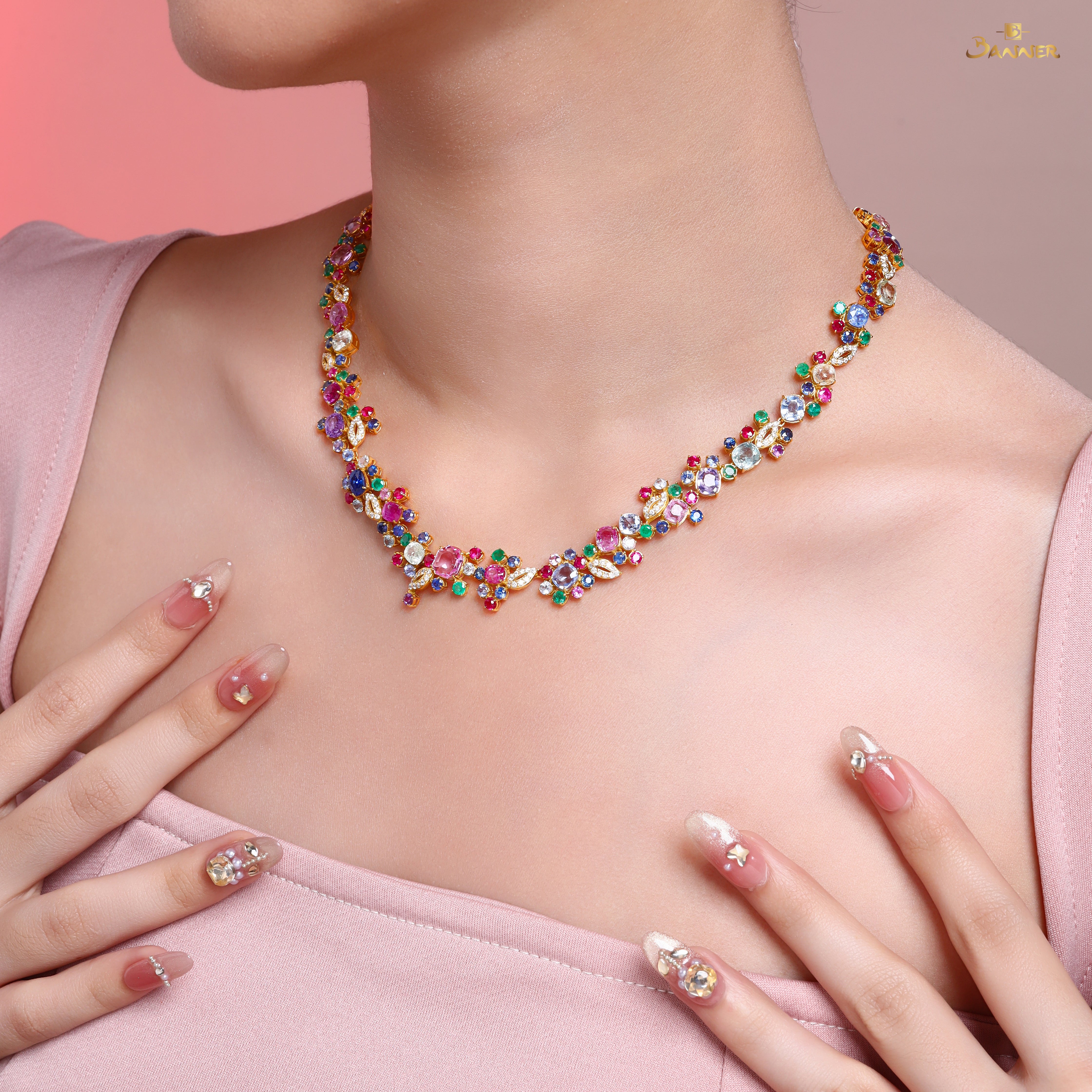 Ruby,Sapphire,Emerald,Multi-colored Sapphire and Diamond Floral Vine Necklace