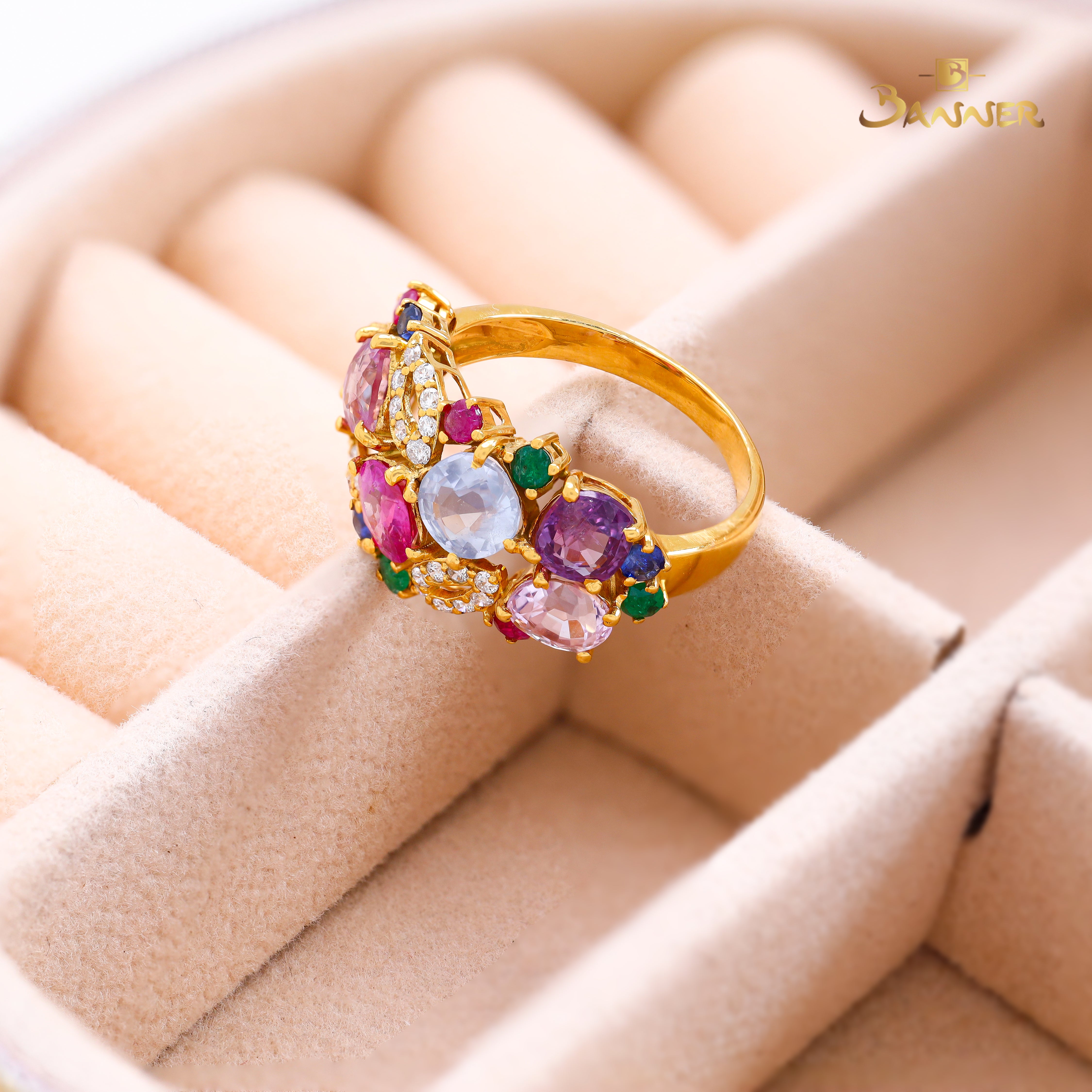 Ruby,Sapphire,Emerald,Multi-colored Sapphire and Diamond Floral Vine Ring