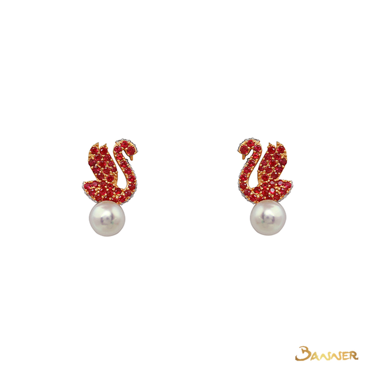 Ruby , Pearl and Diamond Swan Dangle Earrings