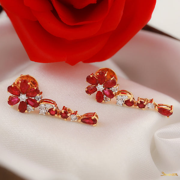 Ruby and Diamond Floral Dangle Earrings