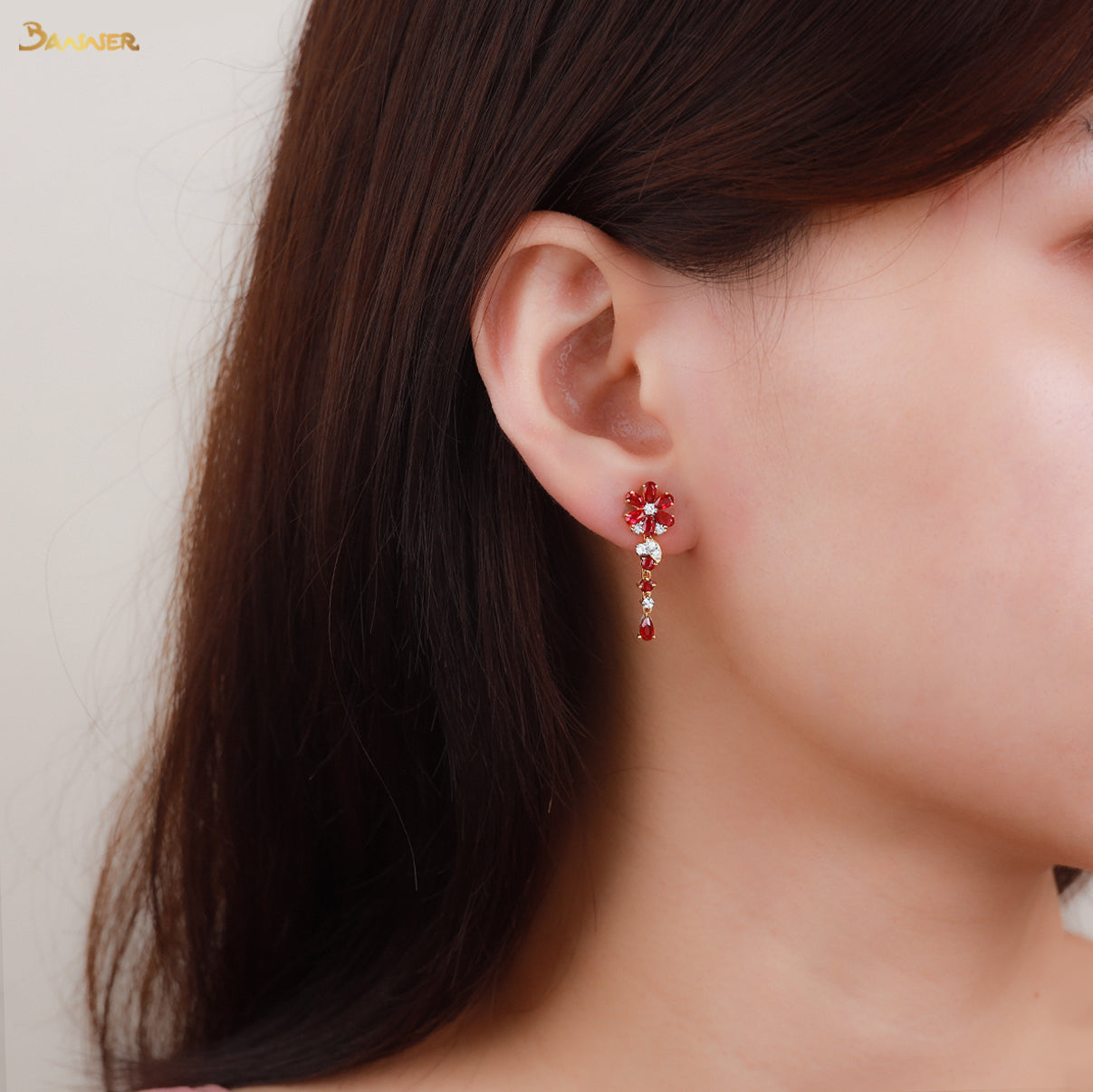 Ruby and Diamond Floral Dangle Earrings