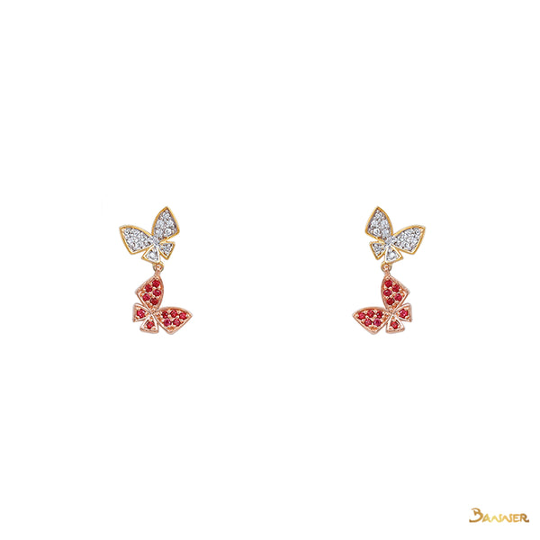 Ruby and Diamond Butterfly Dangle Earrings