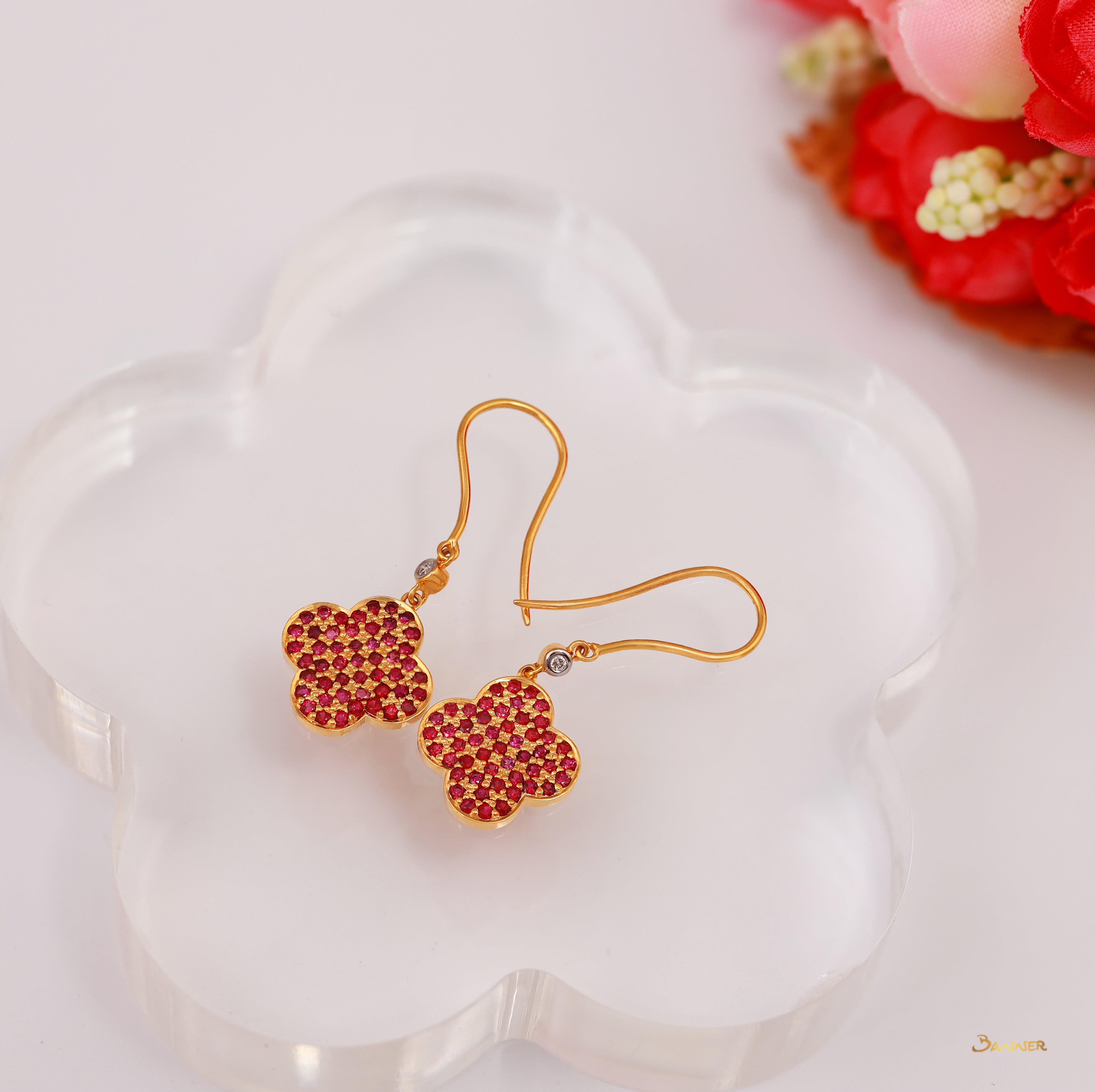 Ruby and Diamond Clover Dangle Earrings