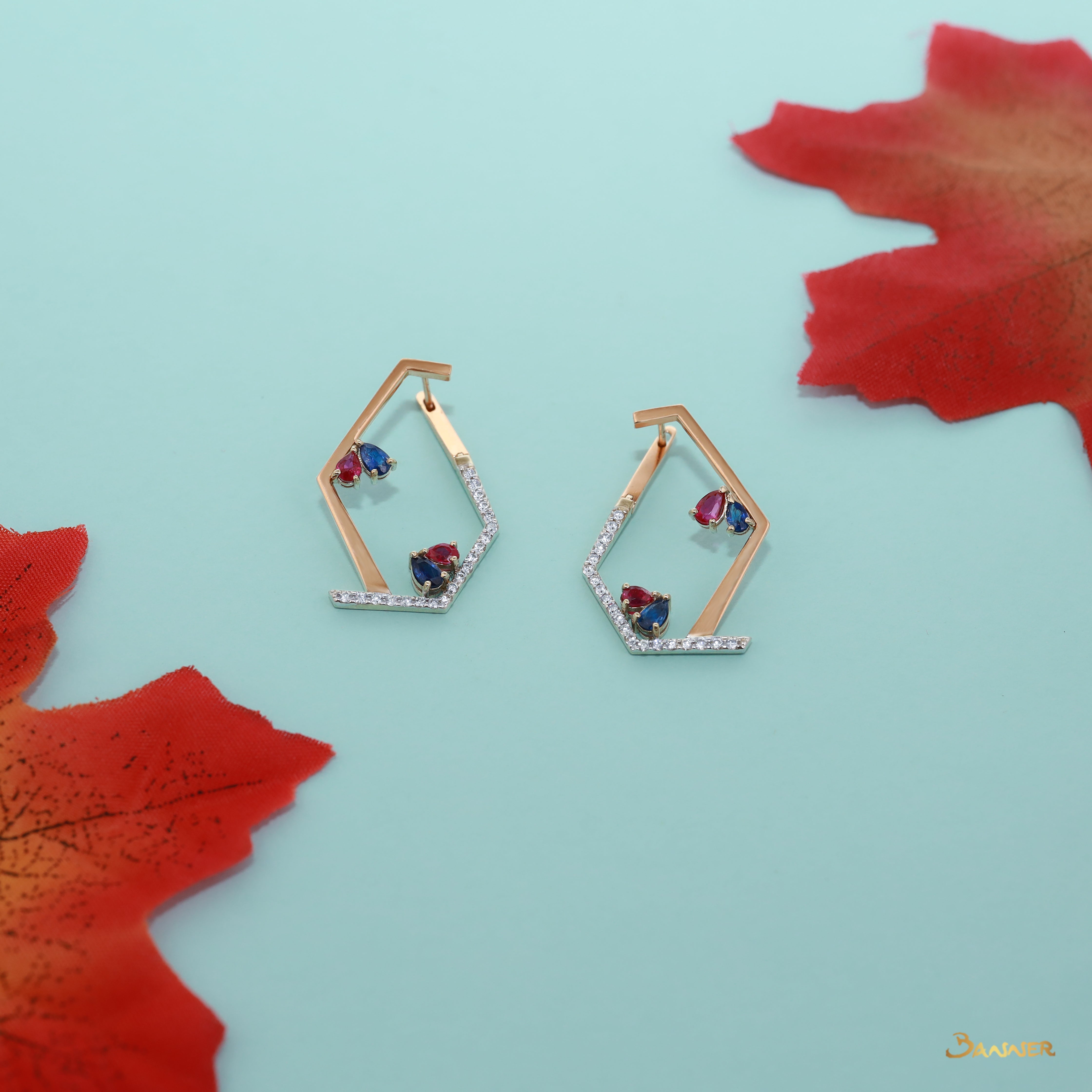 Ruby , Sapphire and Diamond Hexagon Huggie Earrings