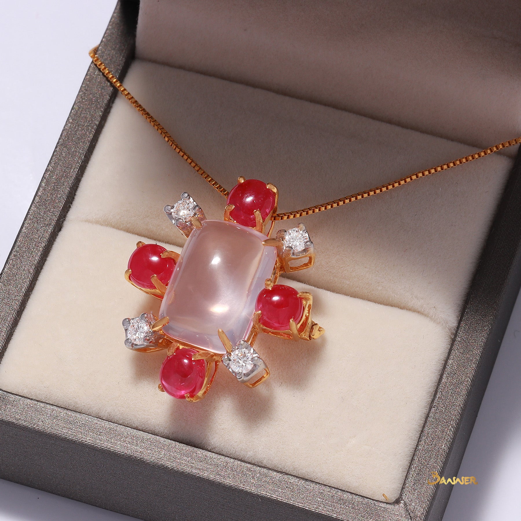 Rose Quartz , Ruby Cabochon and Diamond Brooch