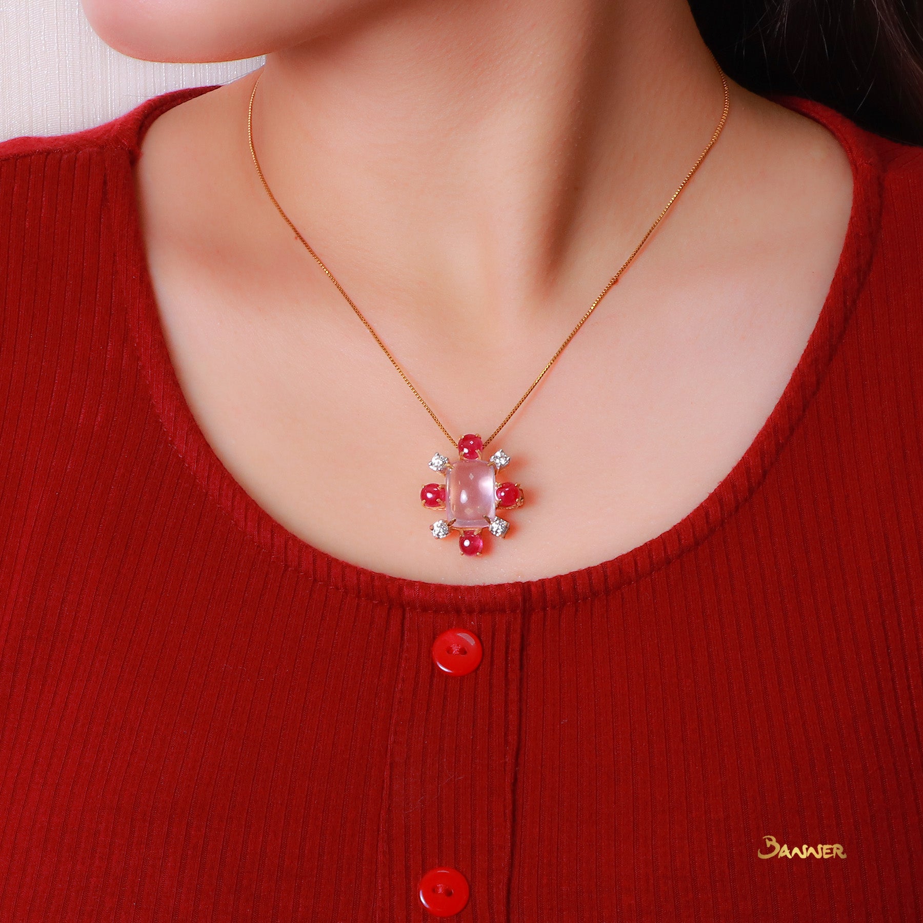 Rose Quartz , Ruby Cabochon and Diamond Brooch