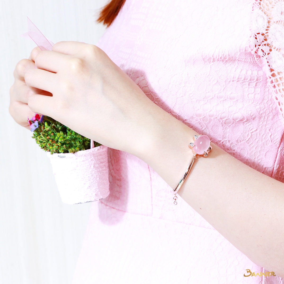 Rose Quartz and Diamond Hello-Kitty Bracelet