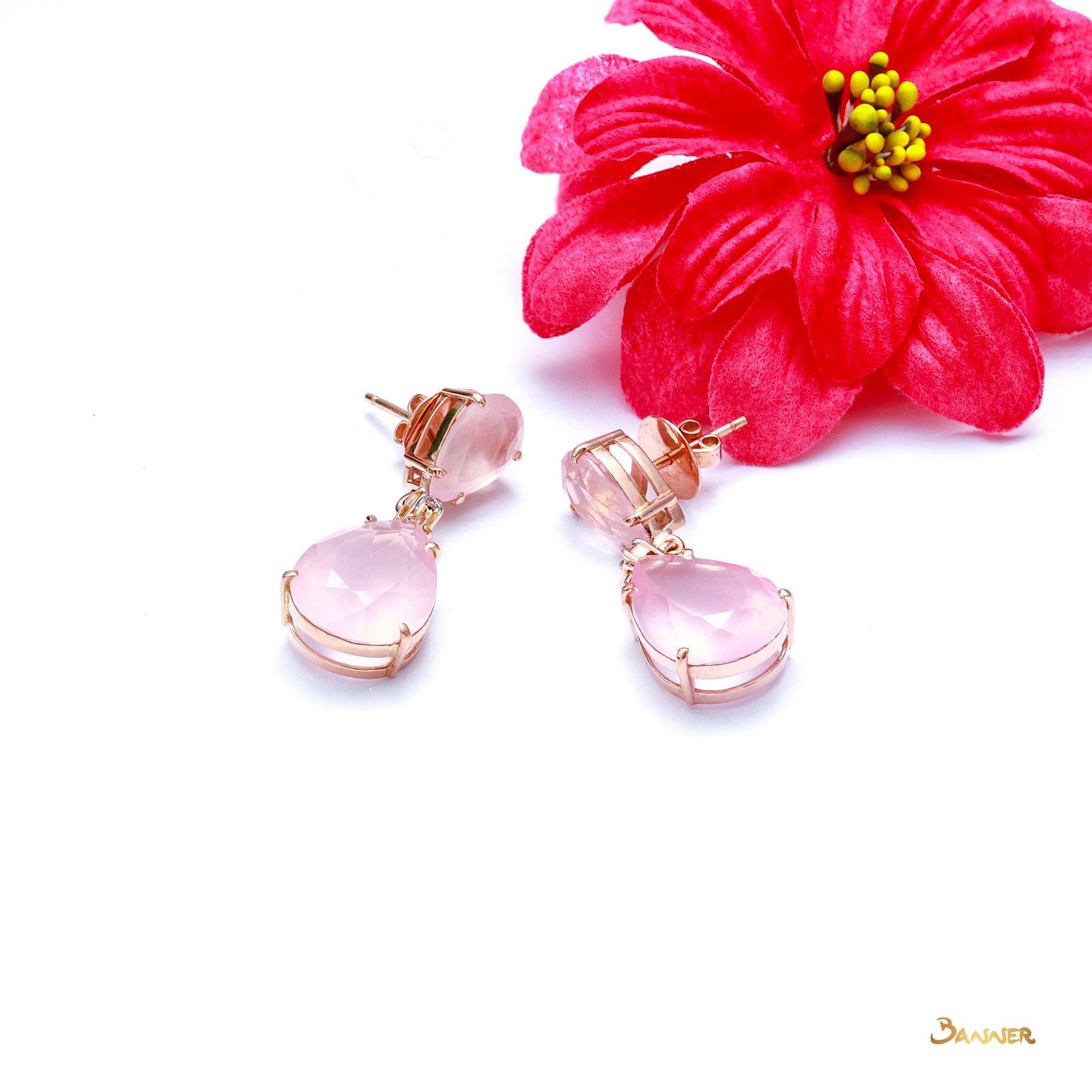 Rose Quartz and Diamond Rain-drop Earrings