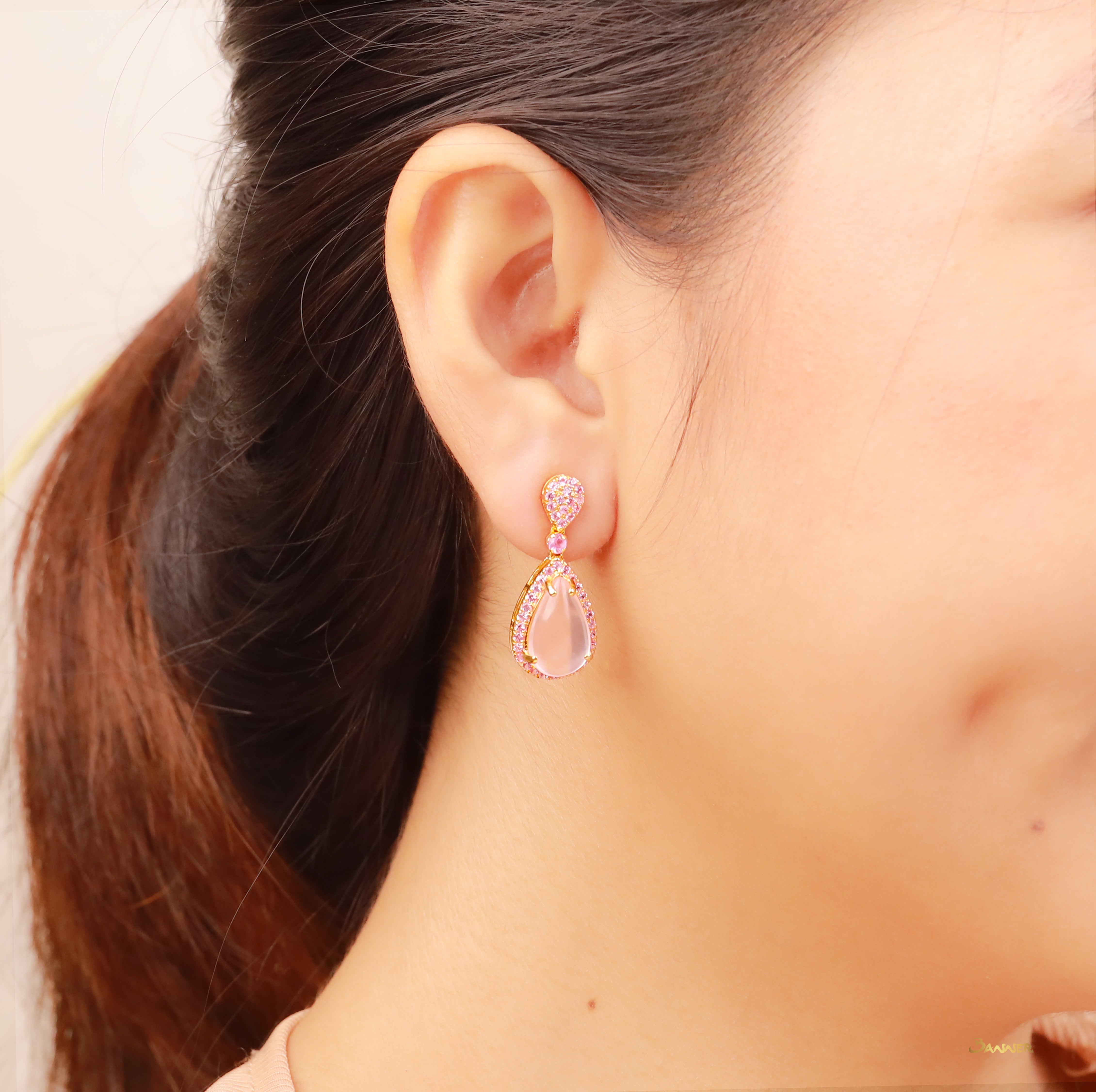 Drop-shaped Rose Quartz and Pink Sapphire Earrings