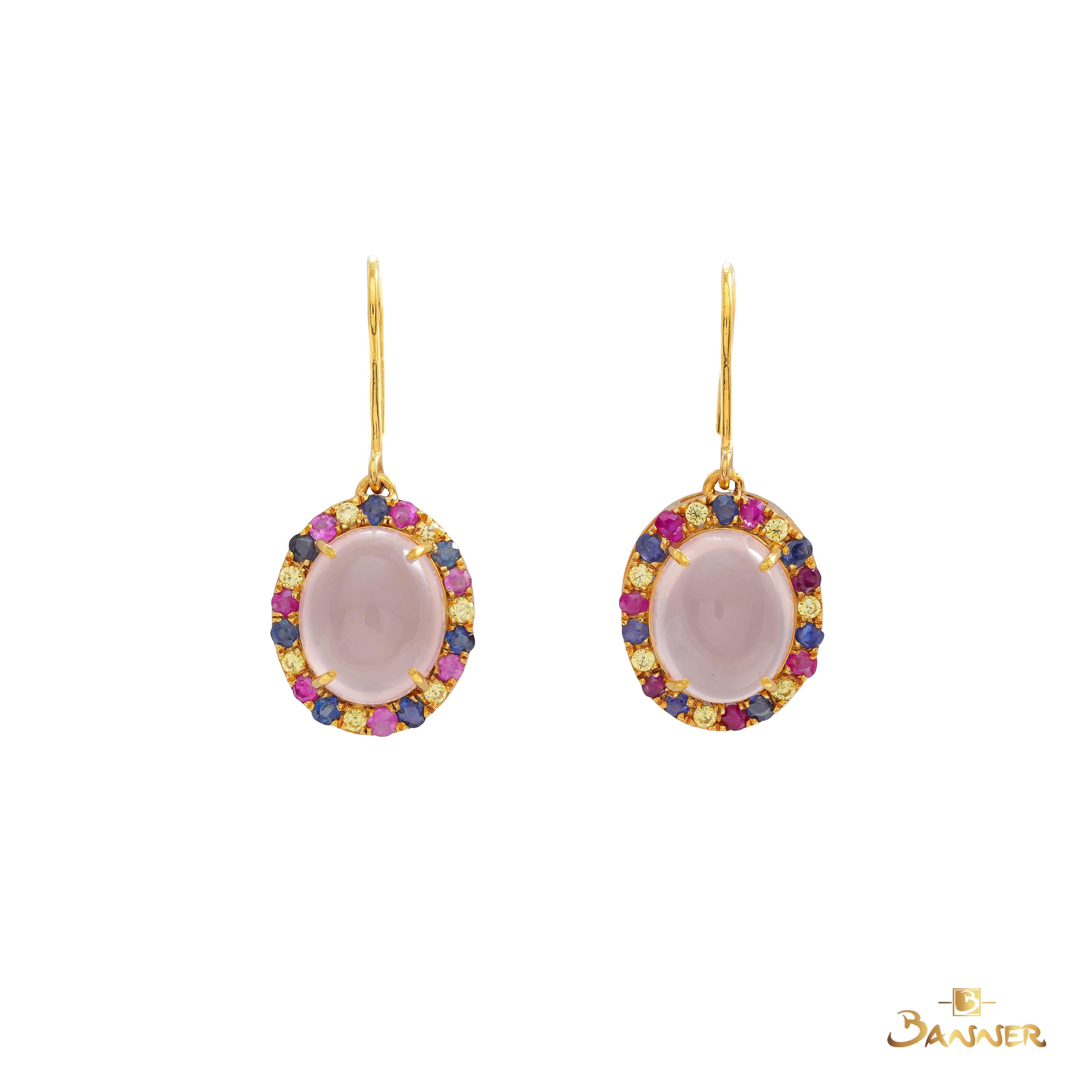 Rose Quartz and Multi-Colored Sapphire Halo Earrings