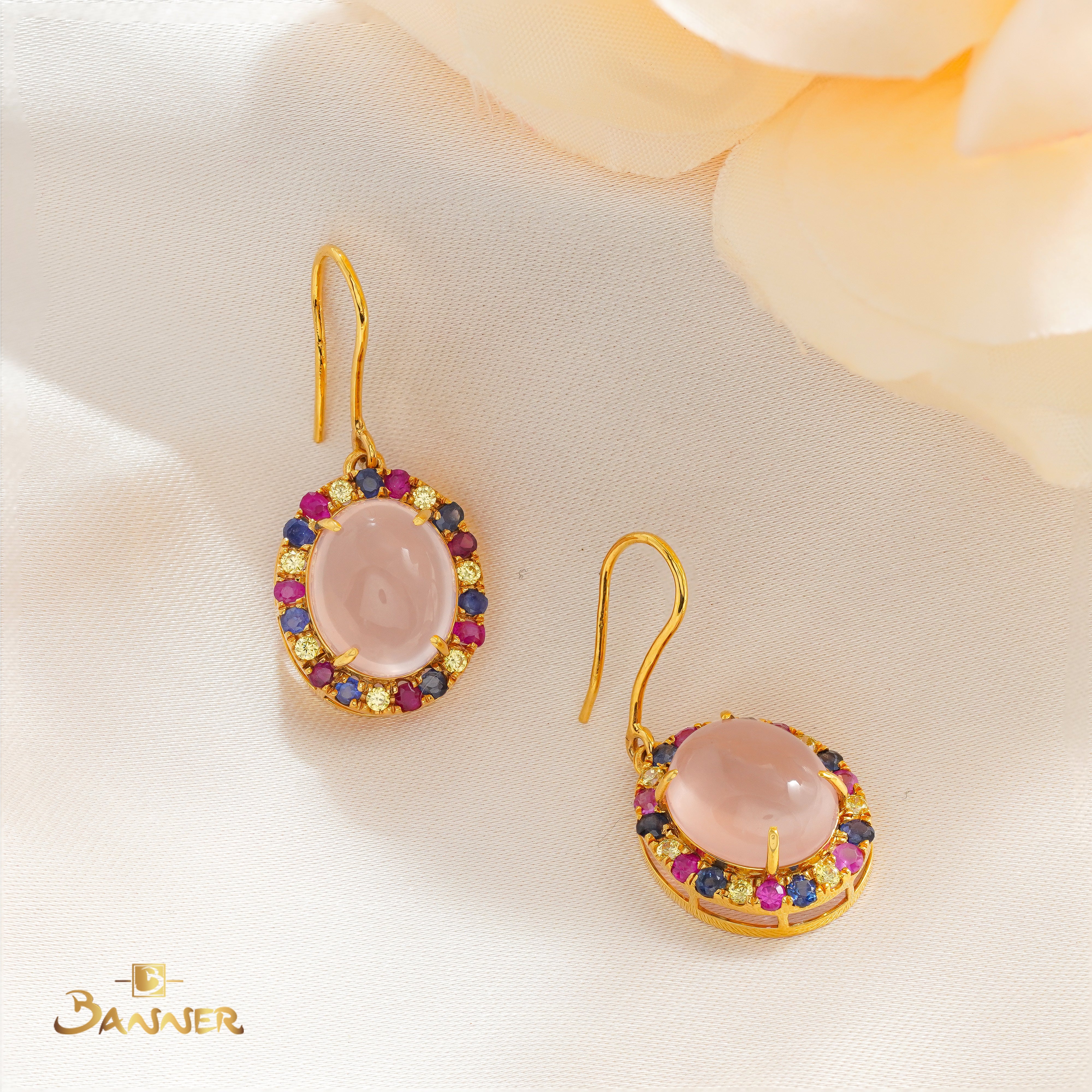 Rose Quartz and Multi-Colored Sapphire Halo Earrings
