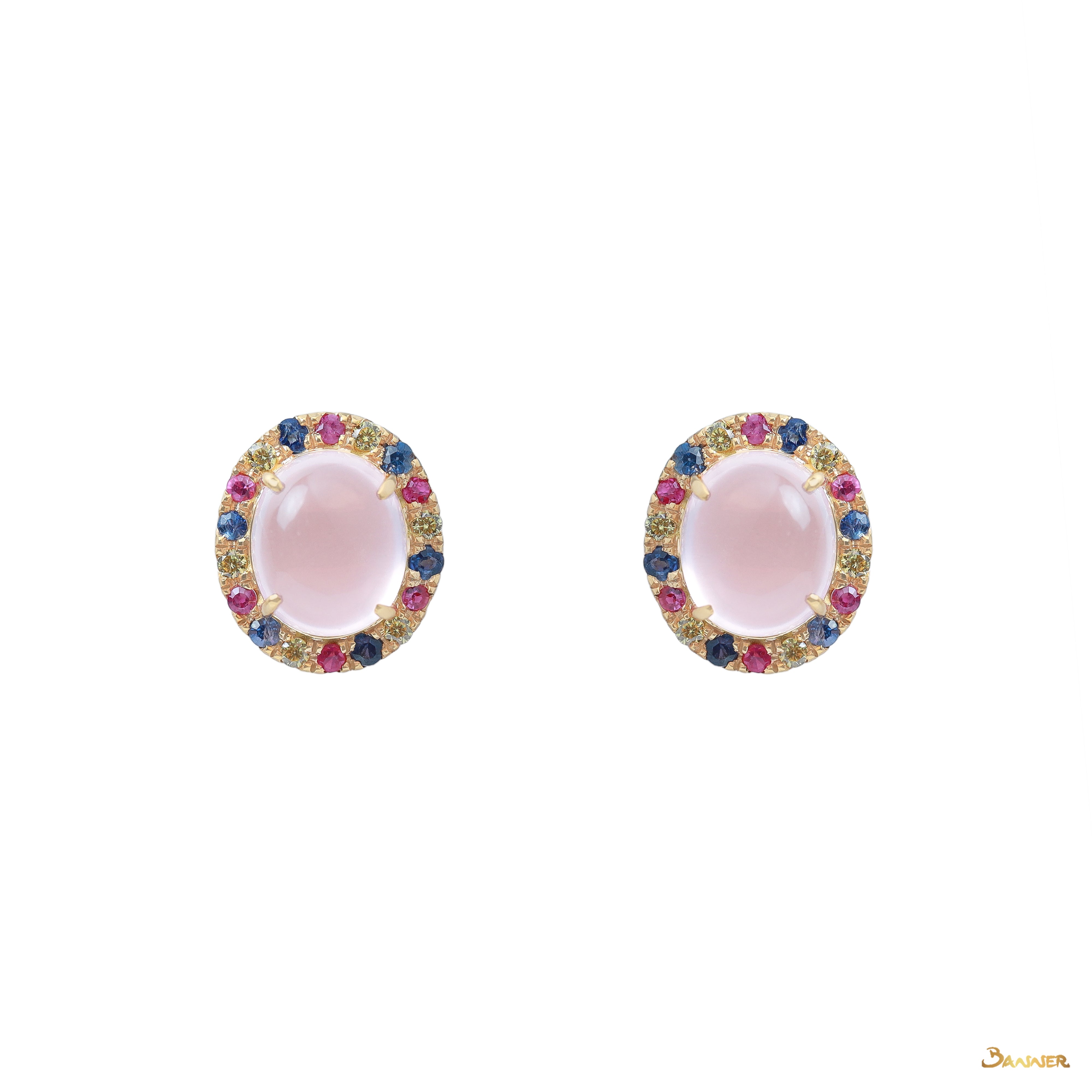 Rose Quartz and Multi-Colored Sapphire Halo Earrings