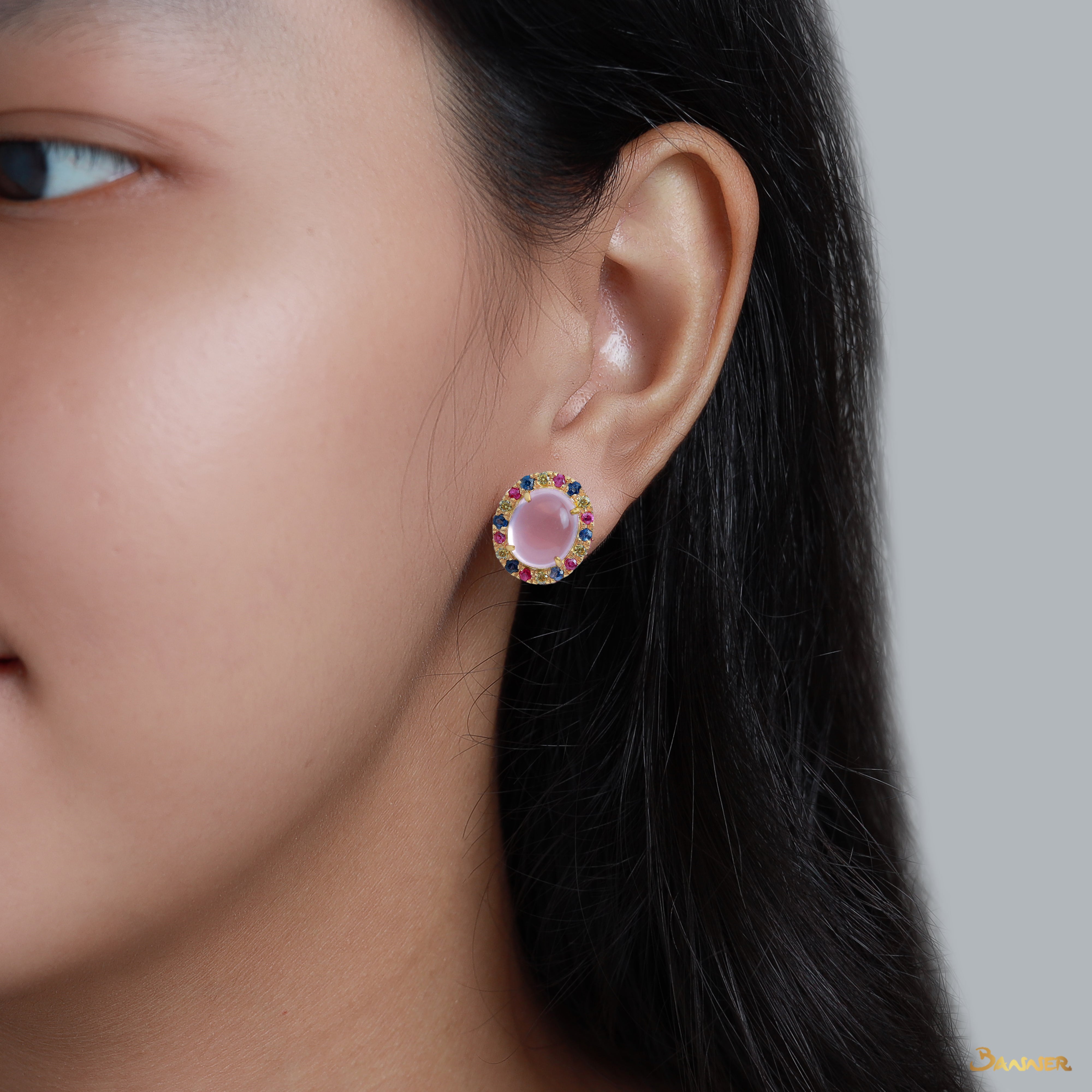 Rose Quartz and Multi-Colored Sapphire Halo Earrings