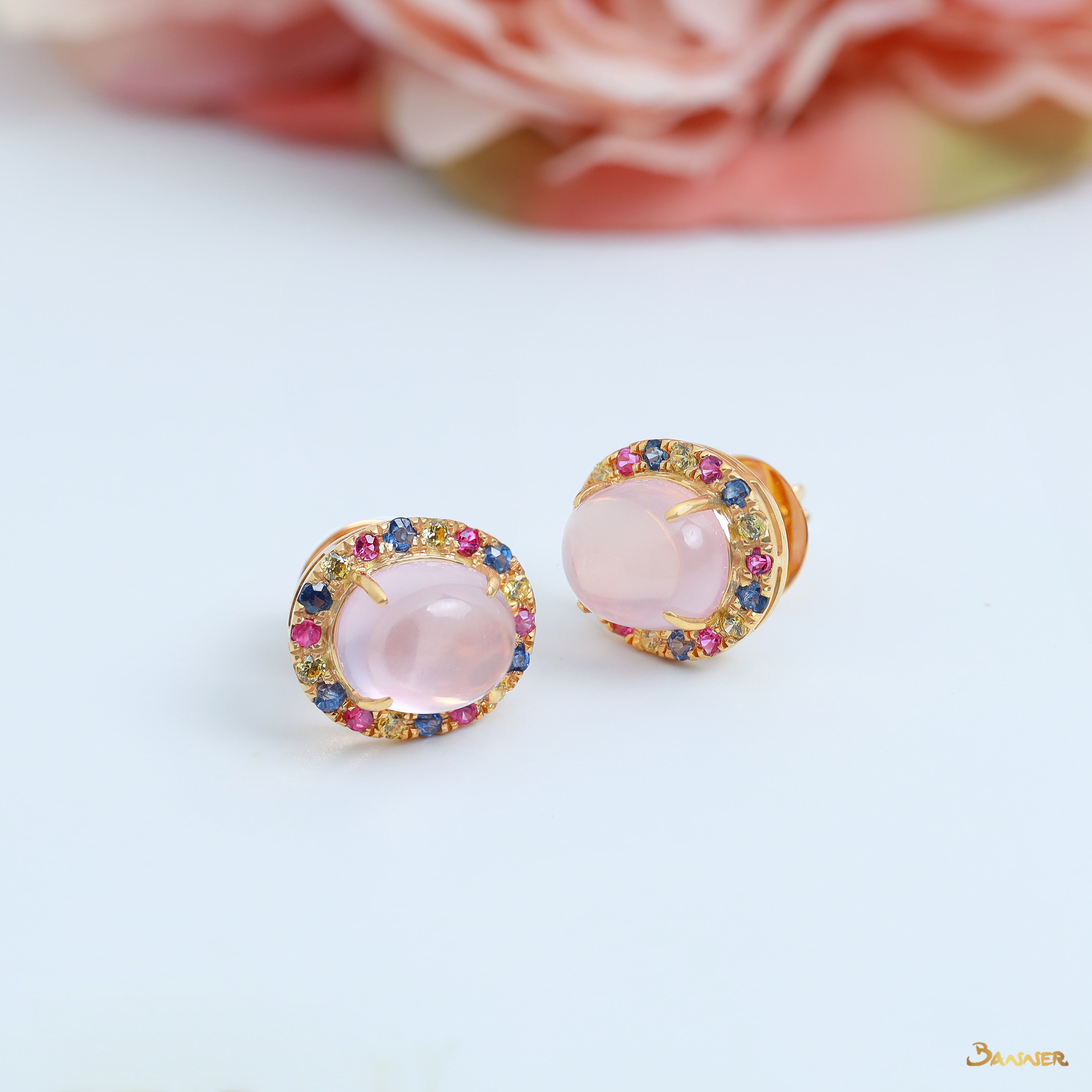 Rose Quartz and Multi-Colored Sapphire Halo Earrings