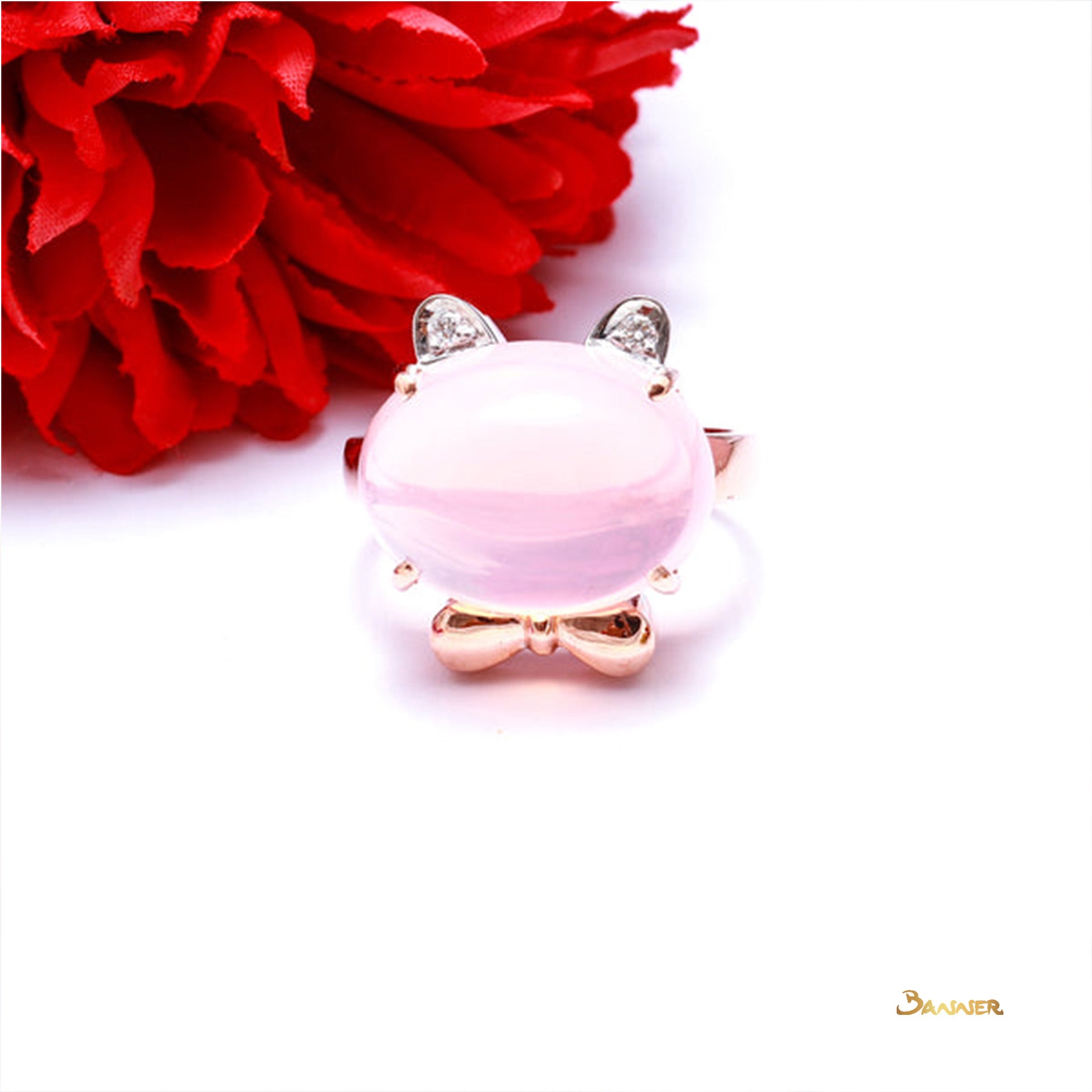 Rose Quartz and Diamond Hello-Kitty Ring