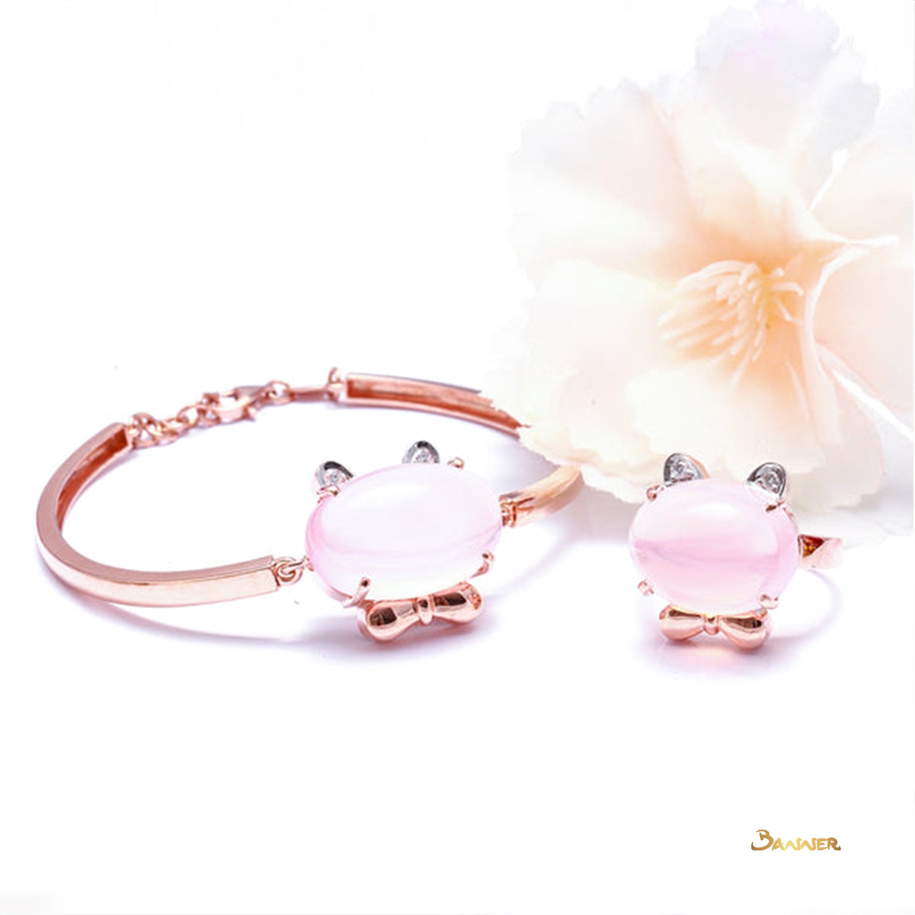 Rose Quartz and Diamond Hello-Kitty Ring