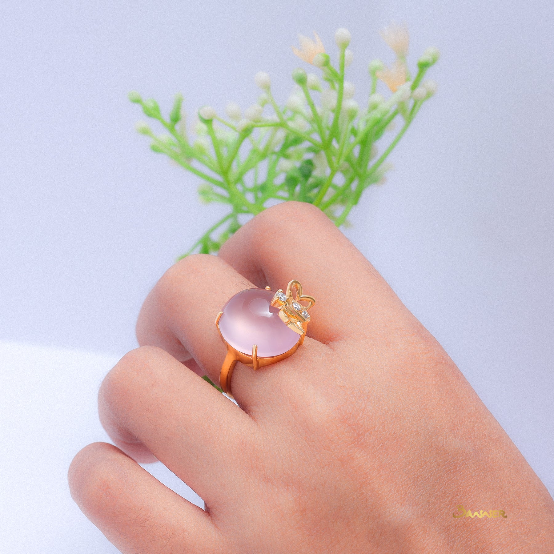 Rose Quartz and Diamond Butterfly Ring