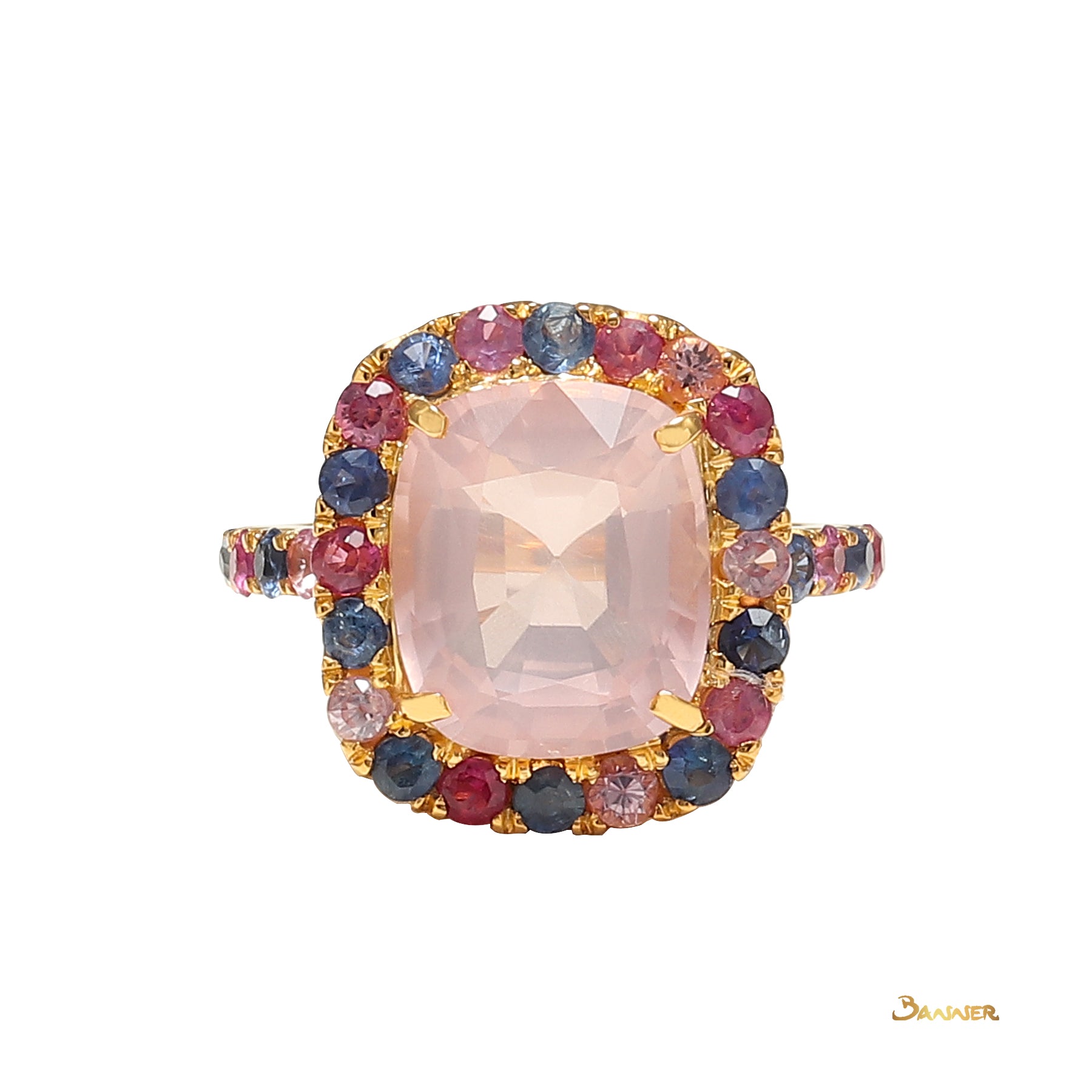 Rose Quartz and Multi-Colored Sapphire Halo Ring