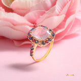 Rose Quartz and Multi-Colored Sapphire Halo Ring