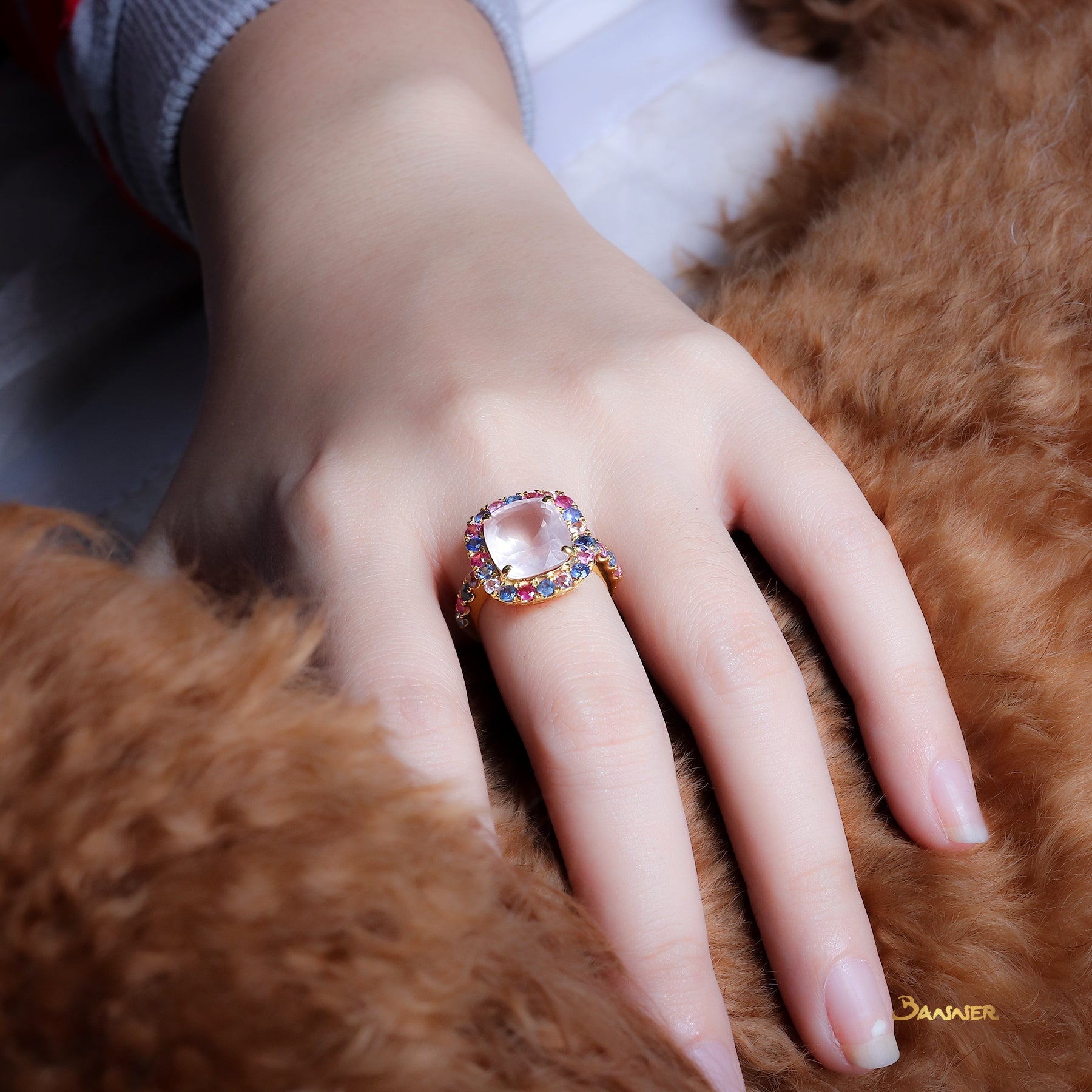 Rose Quartz and Multi-Colored Sapphire Halo Ring