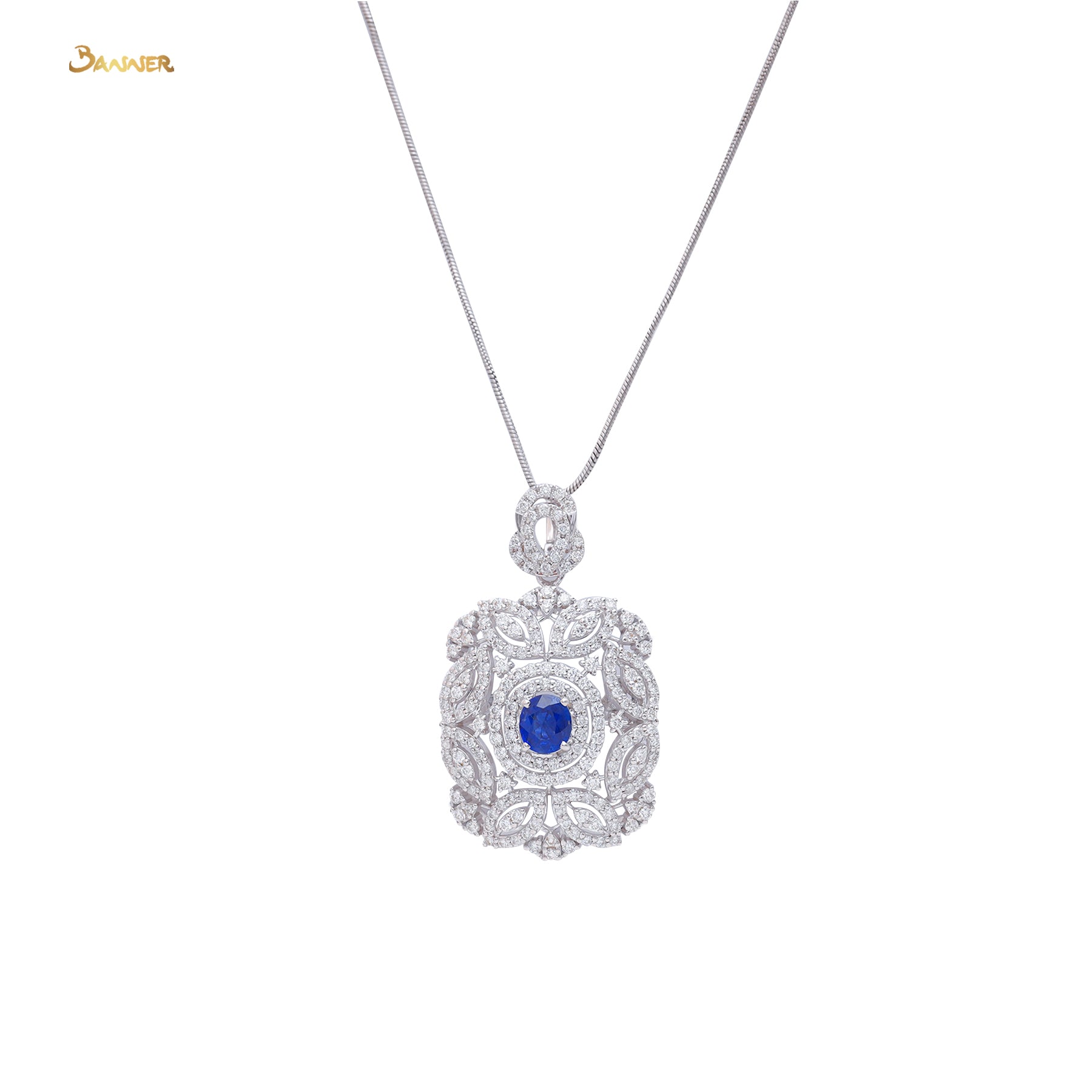 Natural Mogok Sapphire and Diamond Double Halo Kanote Pendant