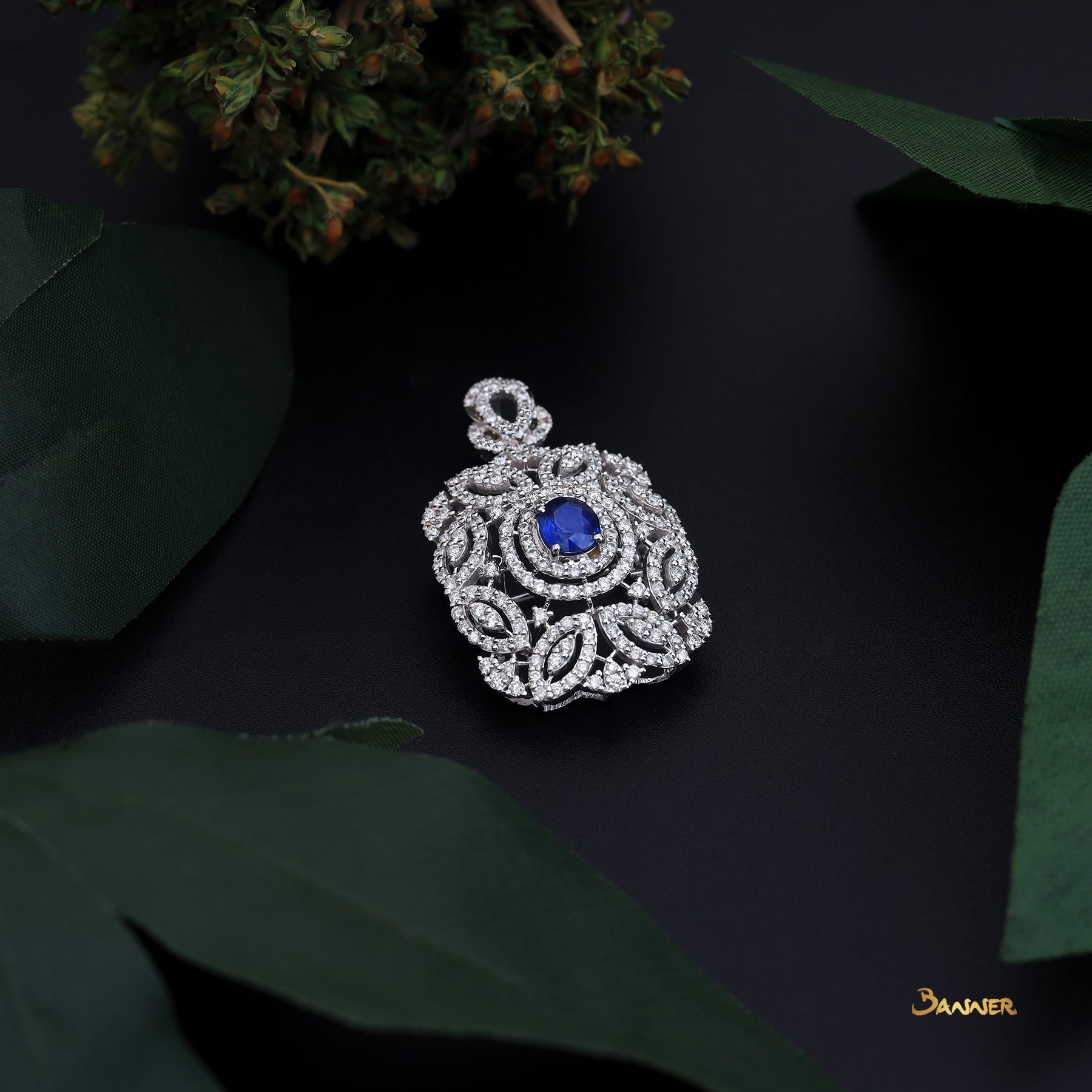 Natural Mogok Sapphire and Diamond Double Halo Kanote Pendant